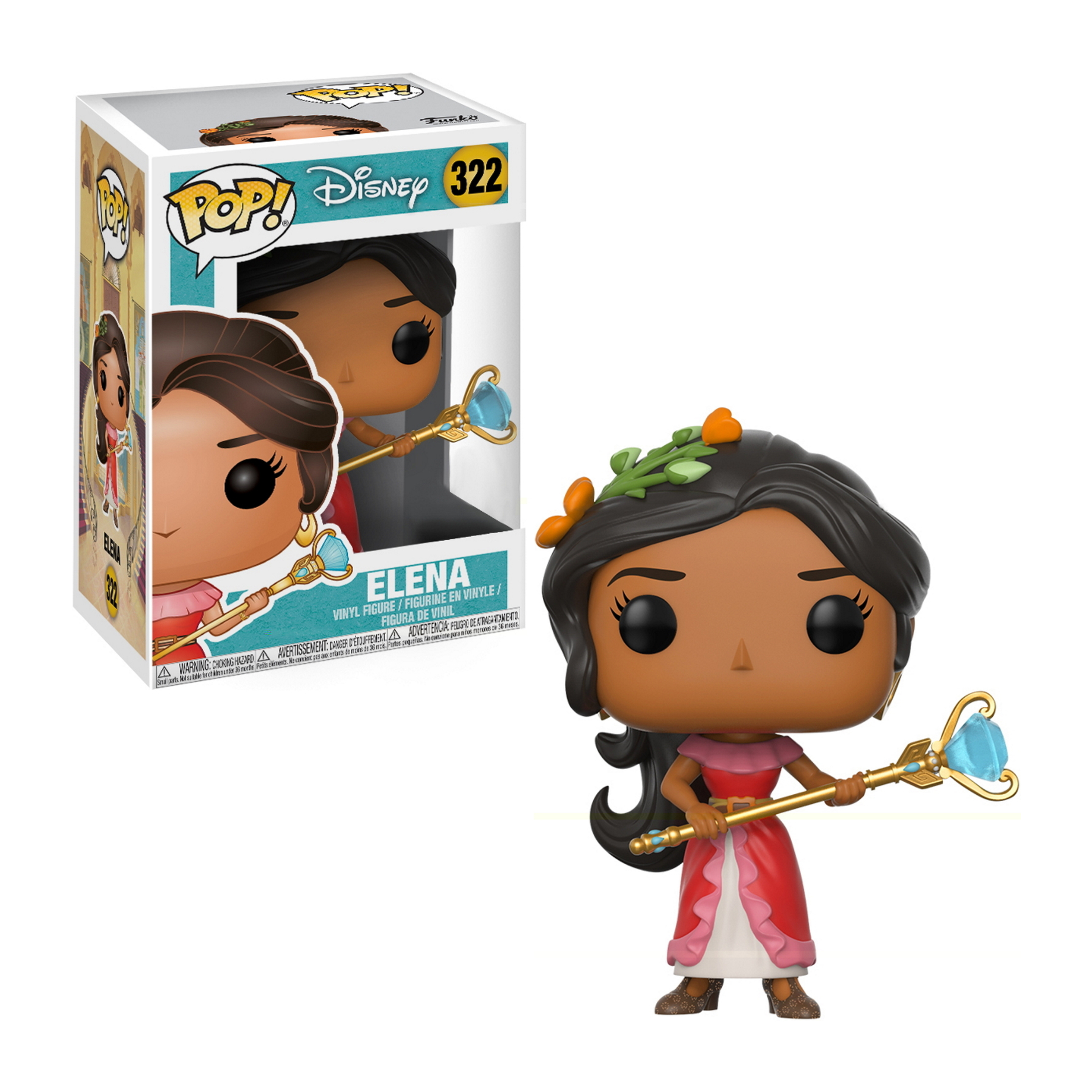Elena von Disney Funko Pop Figur, hält einen Stab, mit einer Box von ihr links.