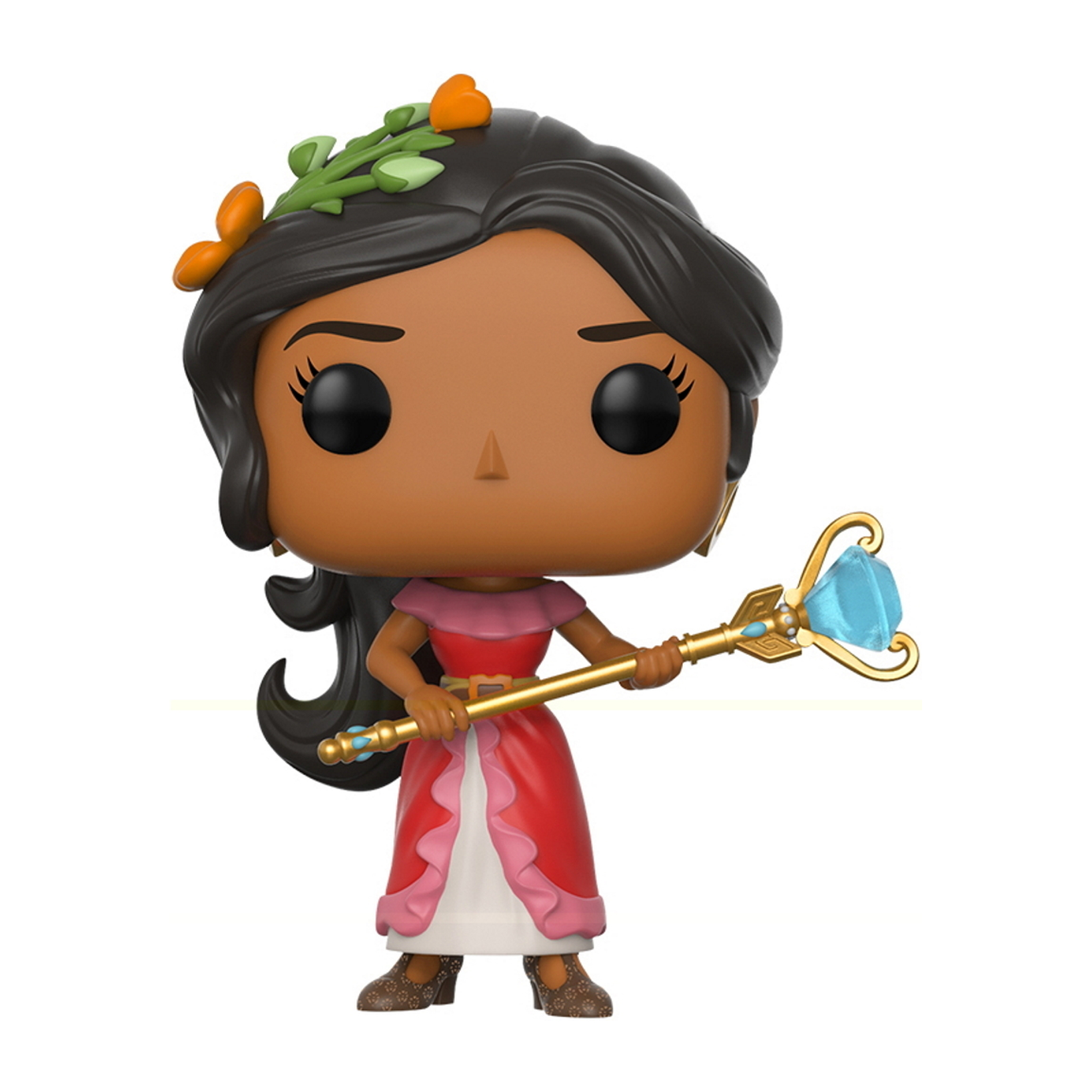 Funko Pop Figur einer Frau in rotem Kleid, die einen Stab hält. Sie hat dunkle Haare und orangefarbene Blumen.