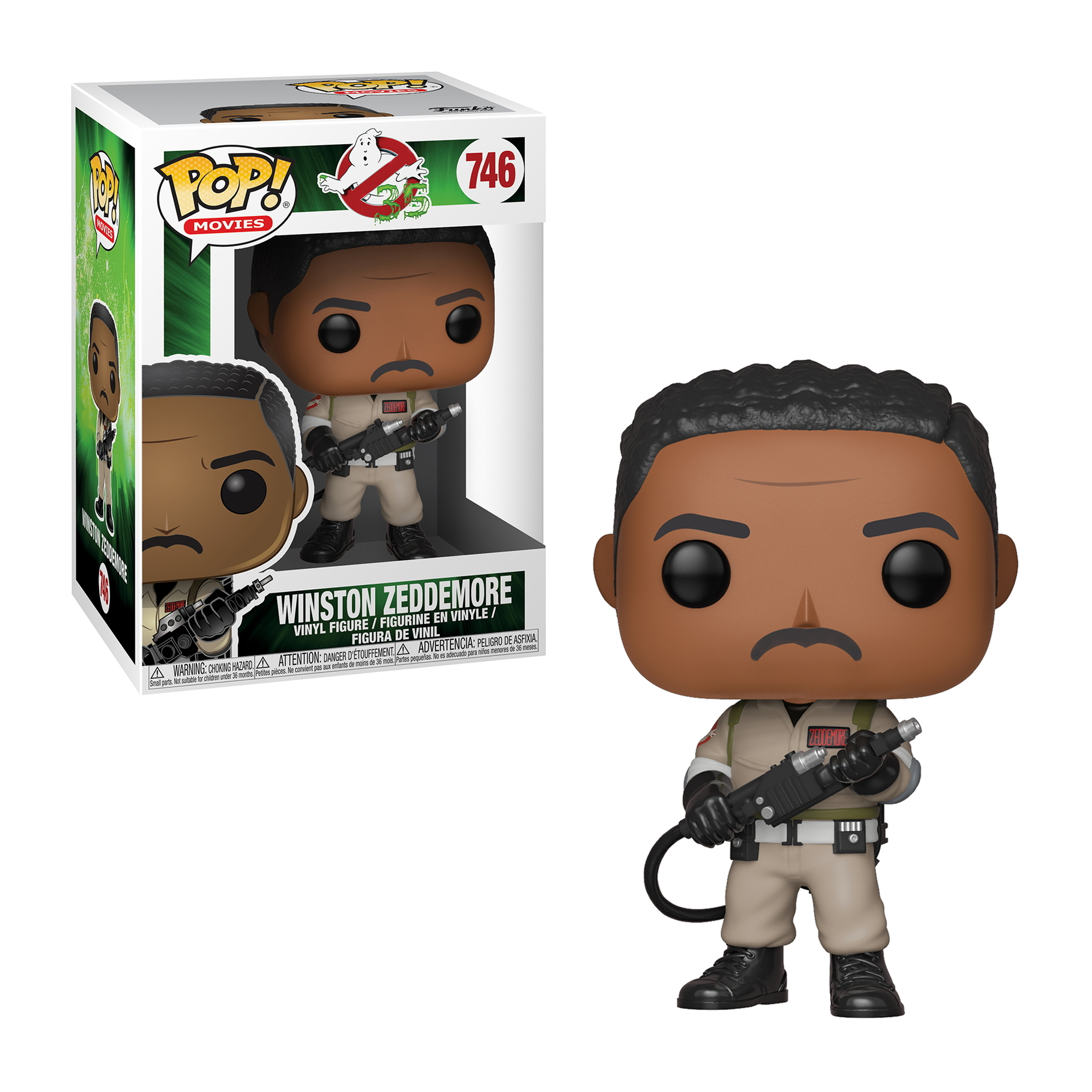 Figura Funko Pop di Winston Zeddemore con scatola Ghostbusters. Tiene uno zaino protonico.