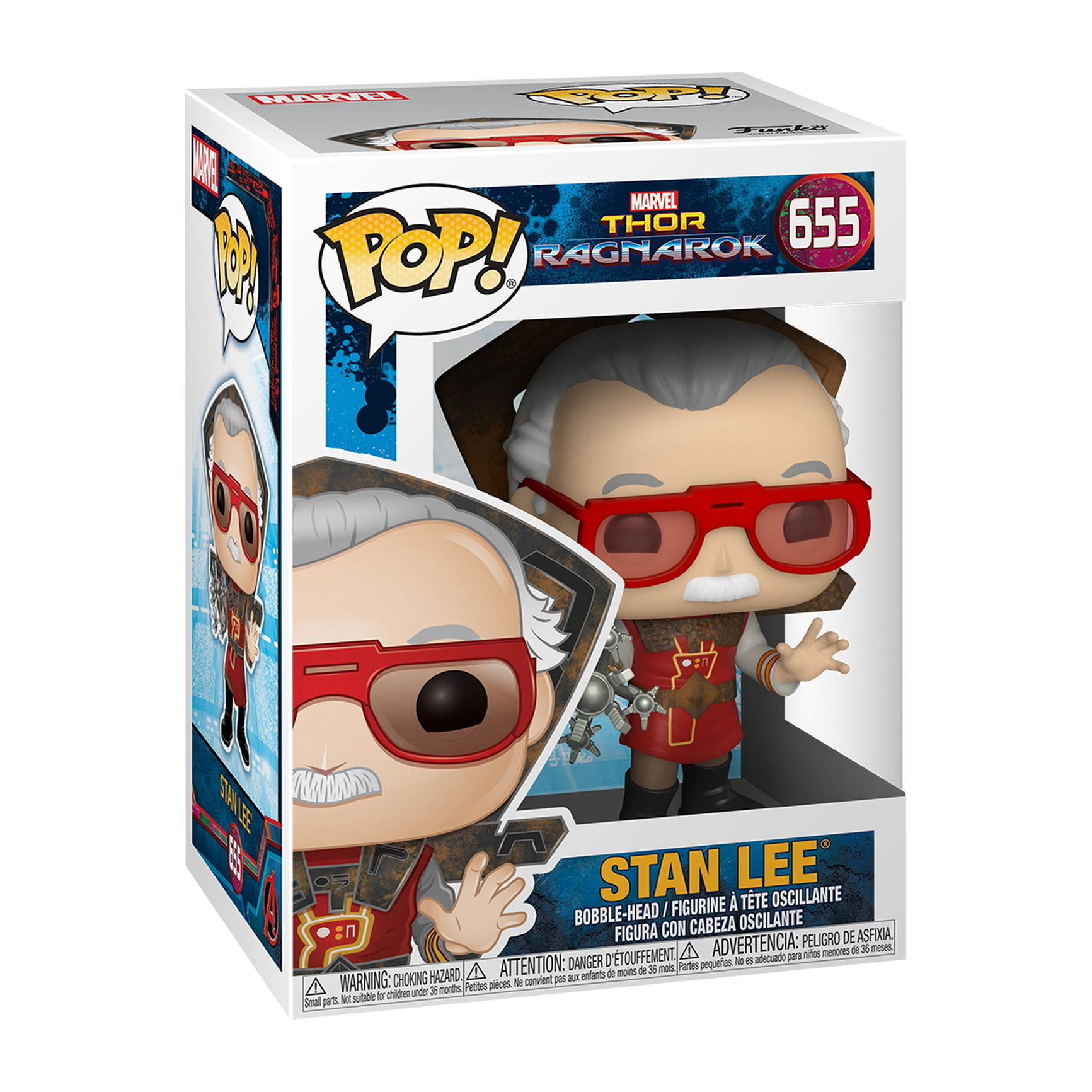 Stan Lee Figur in Box, rote Brille, weißes Haar, rotes und schwarzes Outfit.