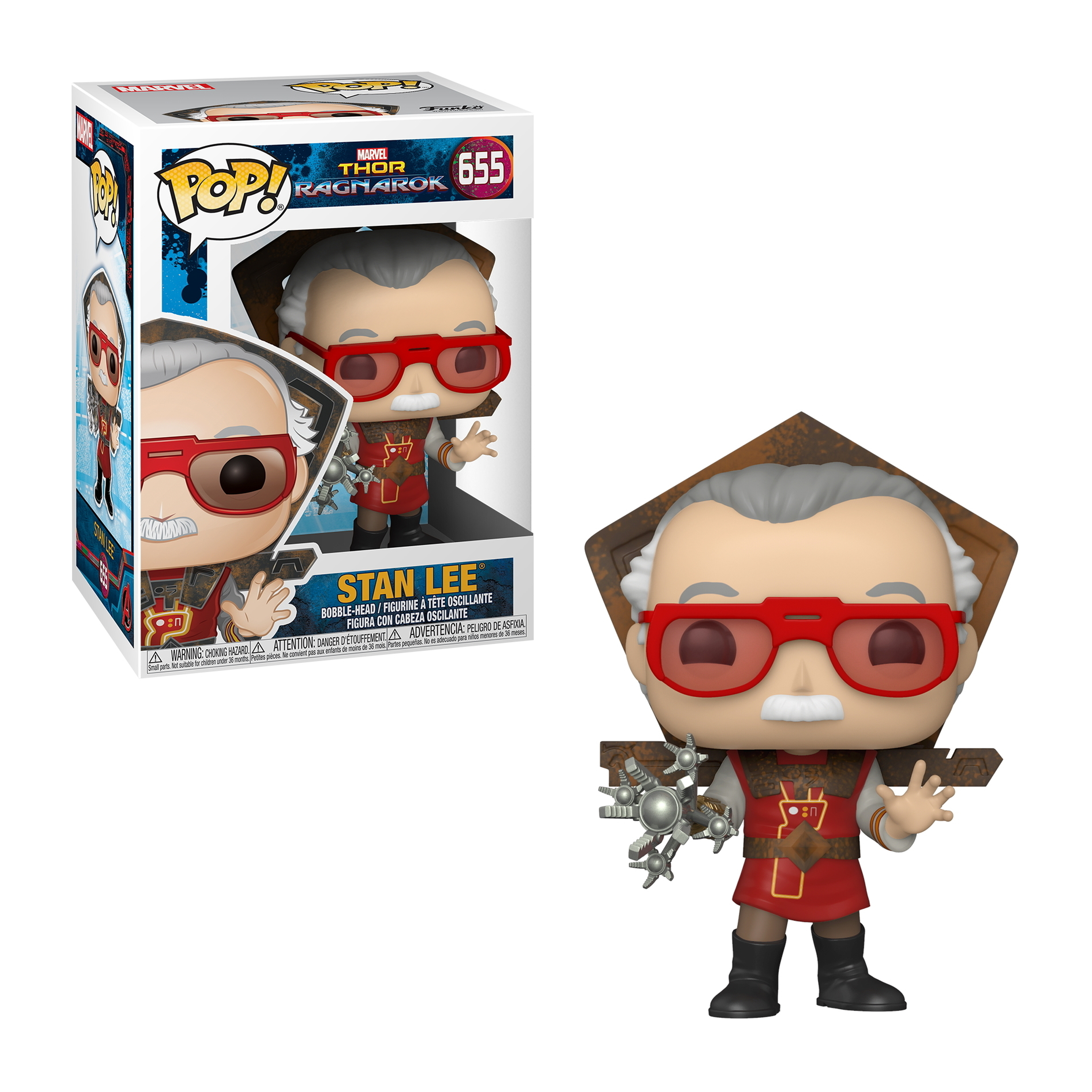 Funko Pop von Stan Lee, mit Brille und Schnurrbart, in einem rot-braunen Outfit. Box im Hintergrund.
