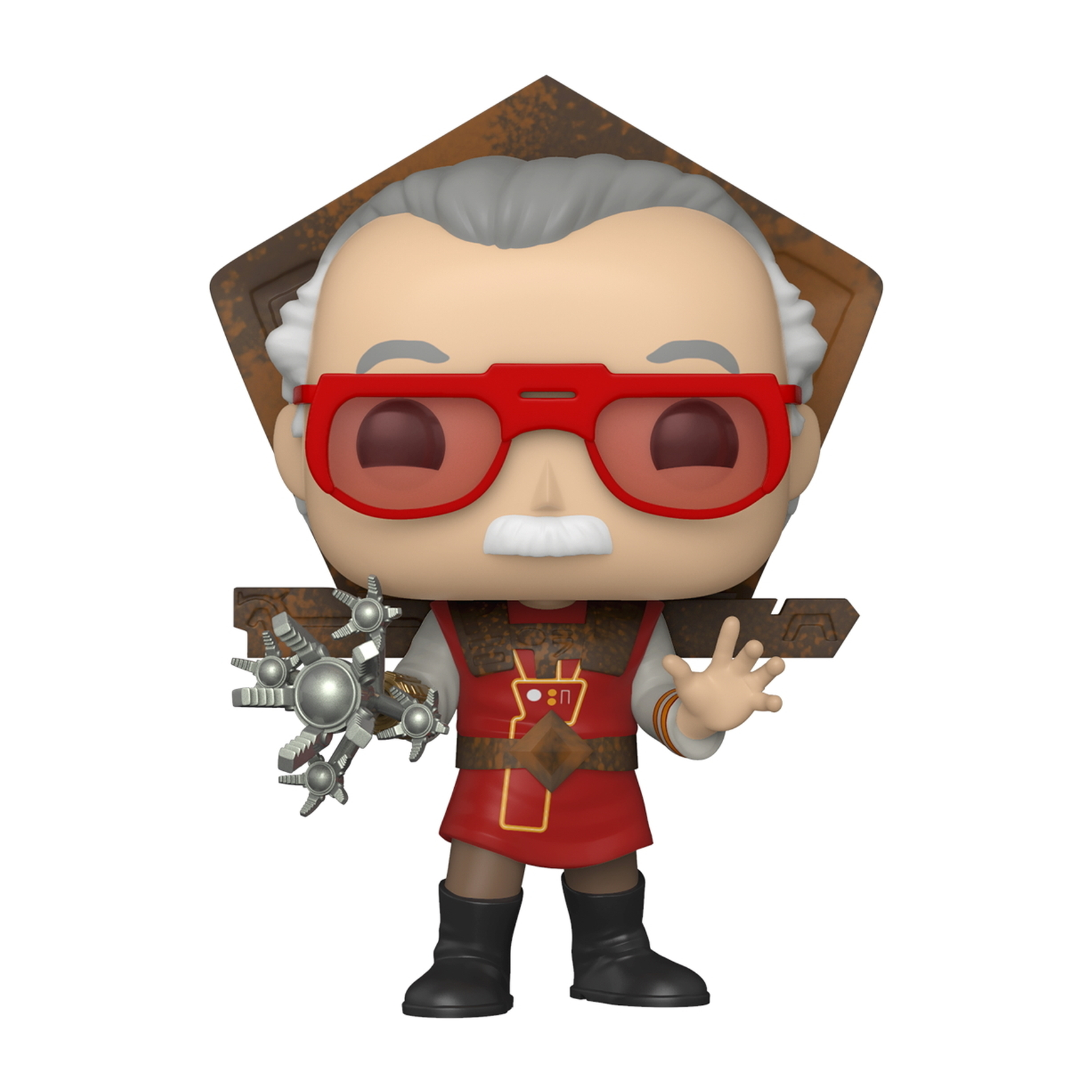 Stan Lee Pop! Figur, hält Werkzeuge, rote Brille und eine braune Basis. Cartoon-Stil, weißer Hintergrund.