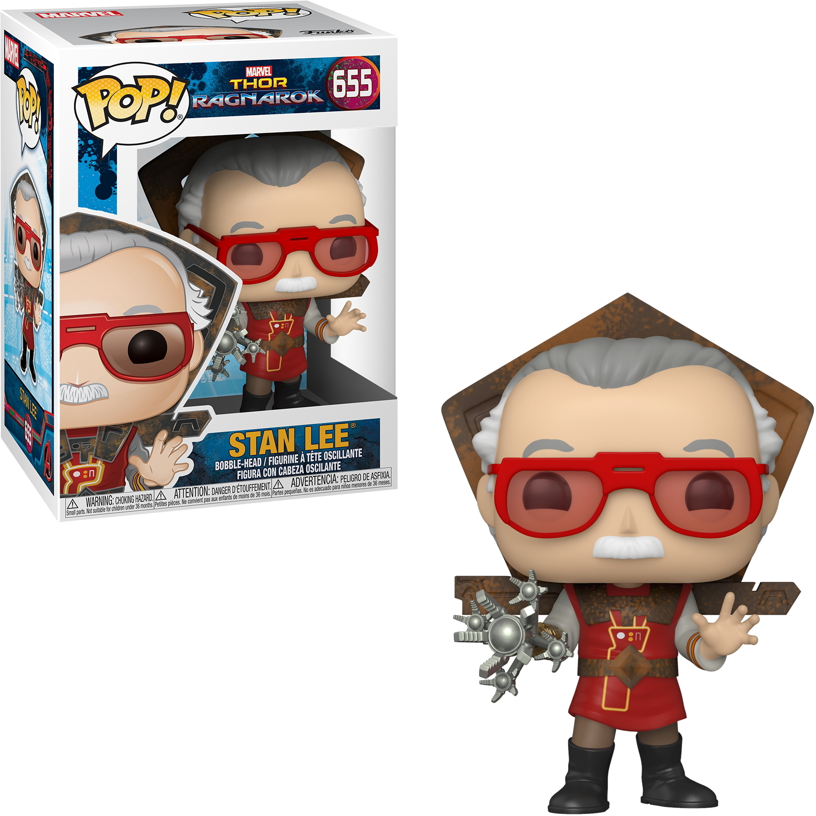 Stan Lee Figur mit roter Brille und brauner Weste. Hält ein Werkzeug, mit Box.