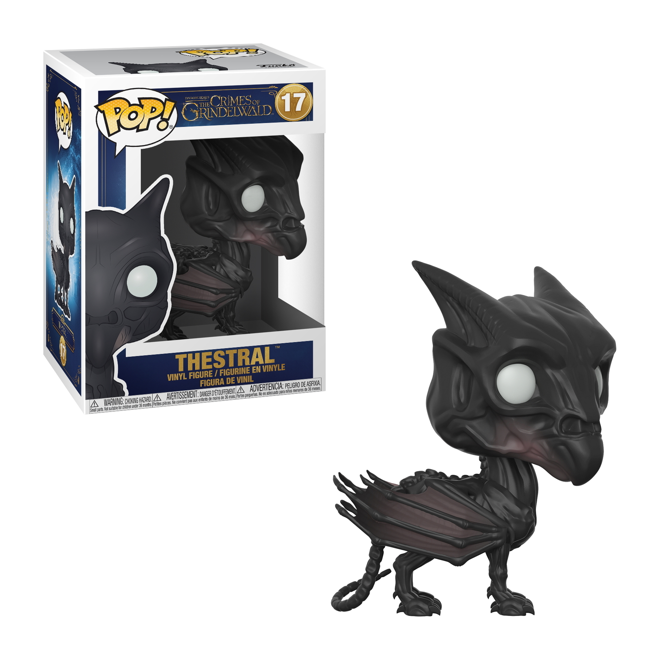 Czarna figurka Thestral Funko Pop z Fantastycznych Zwierząt, zaprezentowana z pudełkiem. Stoi.