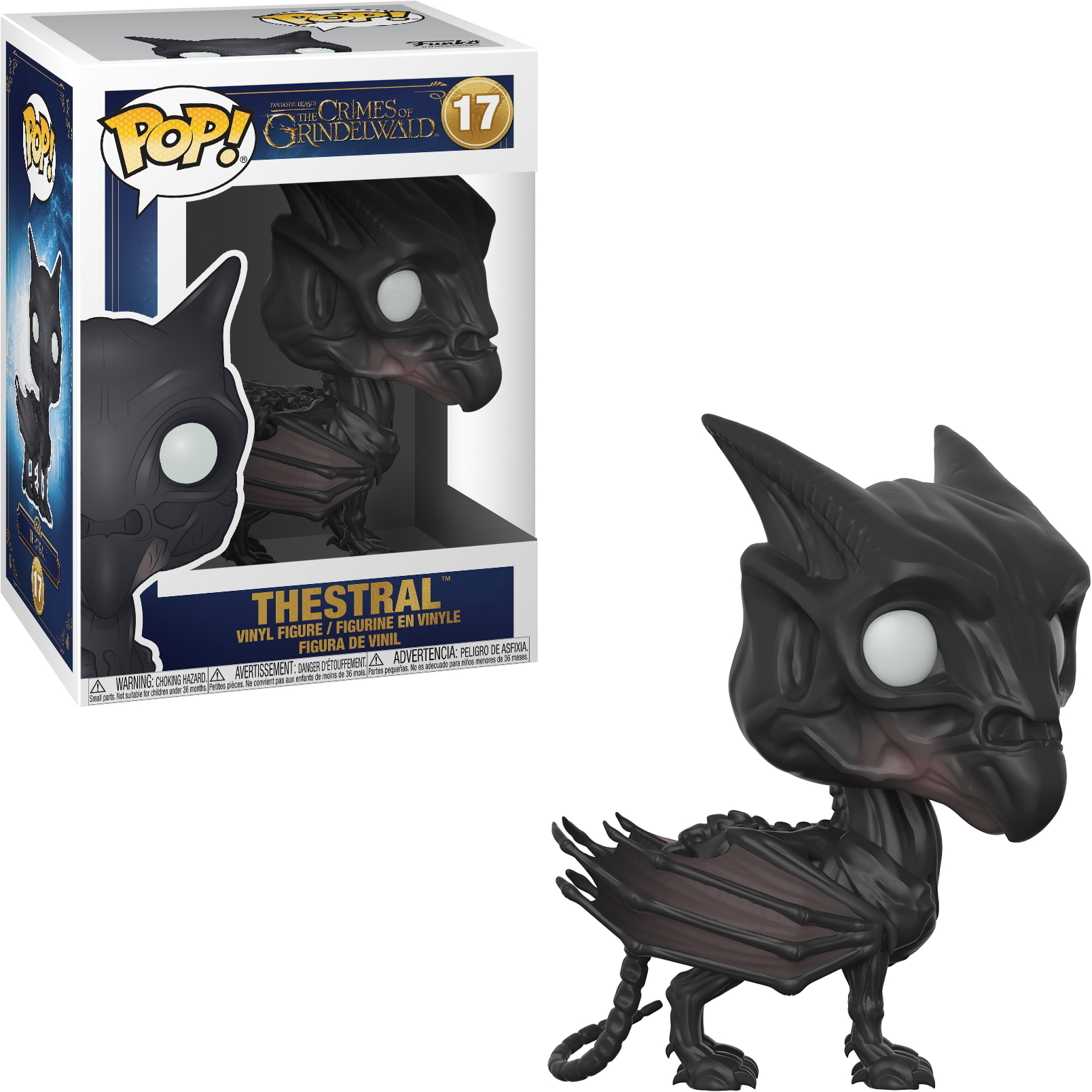 Figurka Funko Pop Thestral. Czarna, szkieletowa skrzydlata istota. Figurka w pudełku z marką Fantastyczne Zwierzęta.