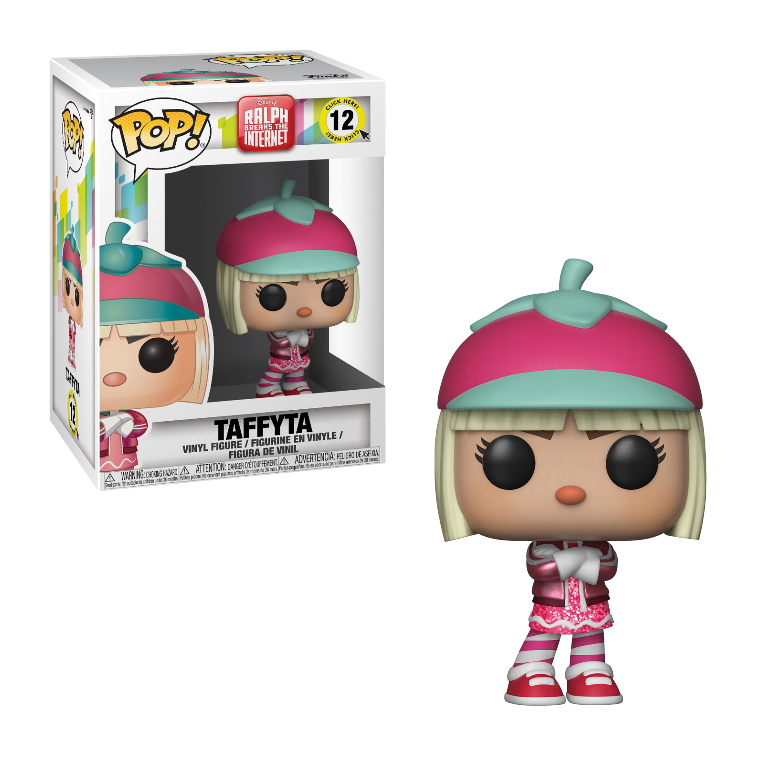 Figura di Taffyta con abito e cappello rosa e bianco, e in una scatola.