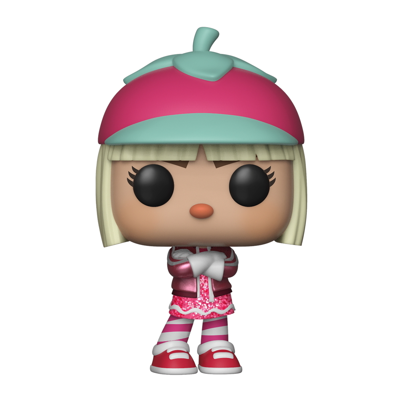 Figura Funko Pop di una ragazza con capelli biondi, con cappello e giacca rosa, braccia conserte. Sfondo bianco.