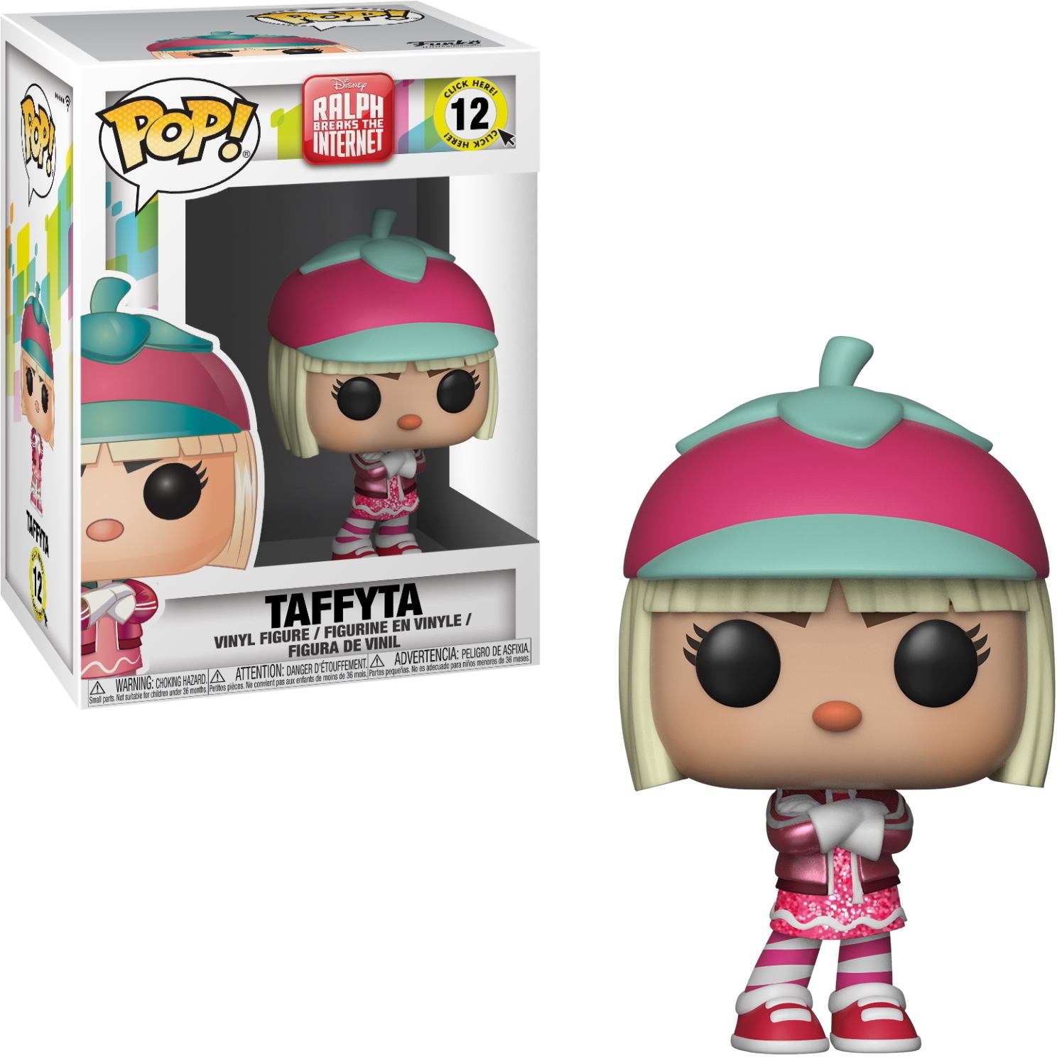 Figura Taffyta Funko Pop. Abito e cappello rosa e blu. Capelli biondi e guanti bianchi.