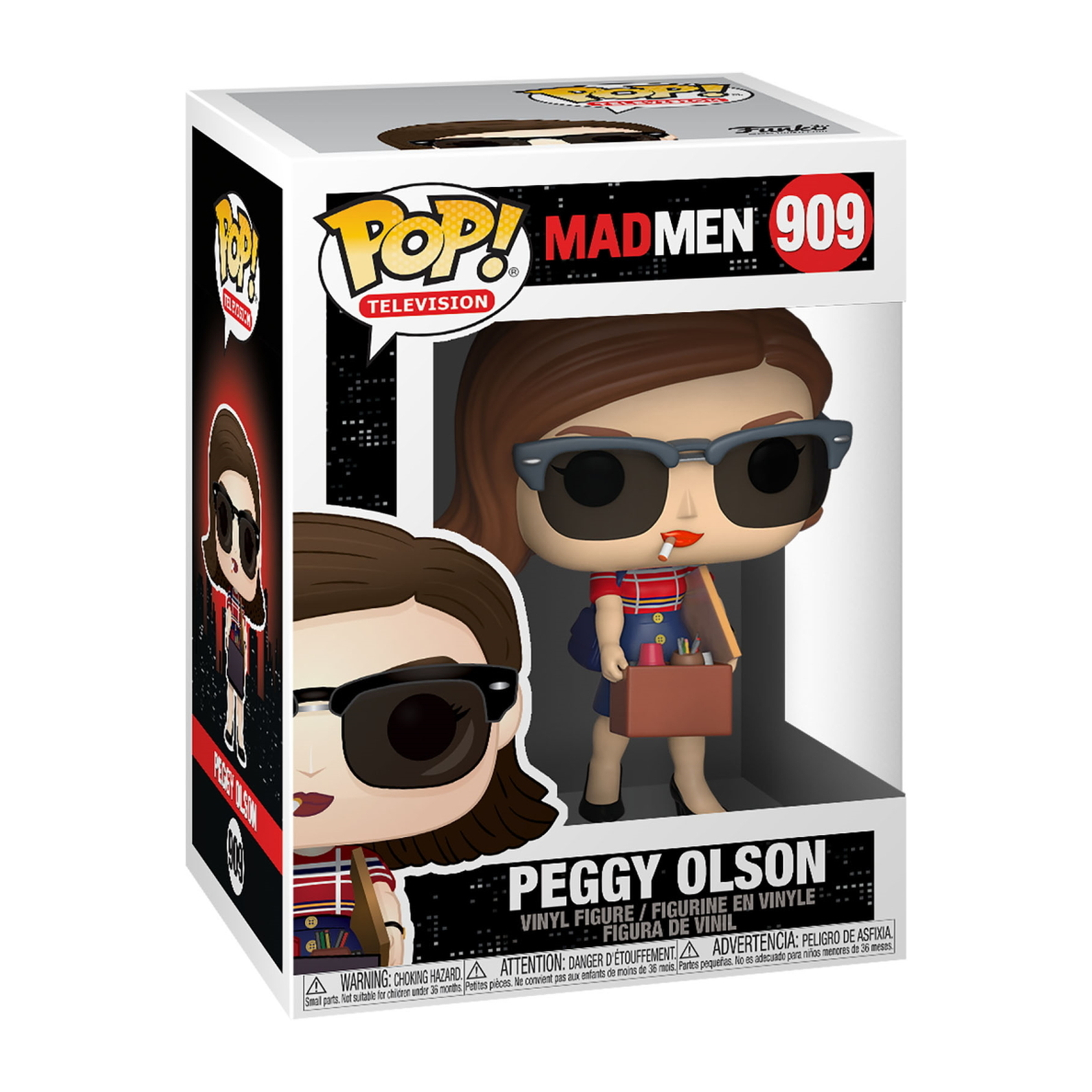 Giocattolo di Peggy Olson in una scatola, con occhiali da sole e una valigetta. Da Mad Men.