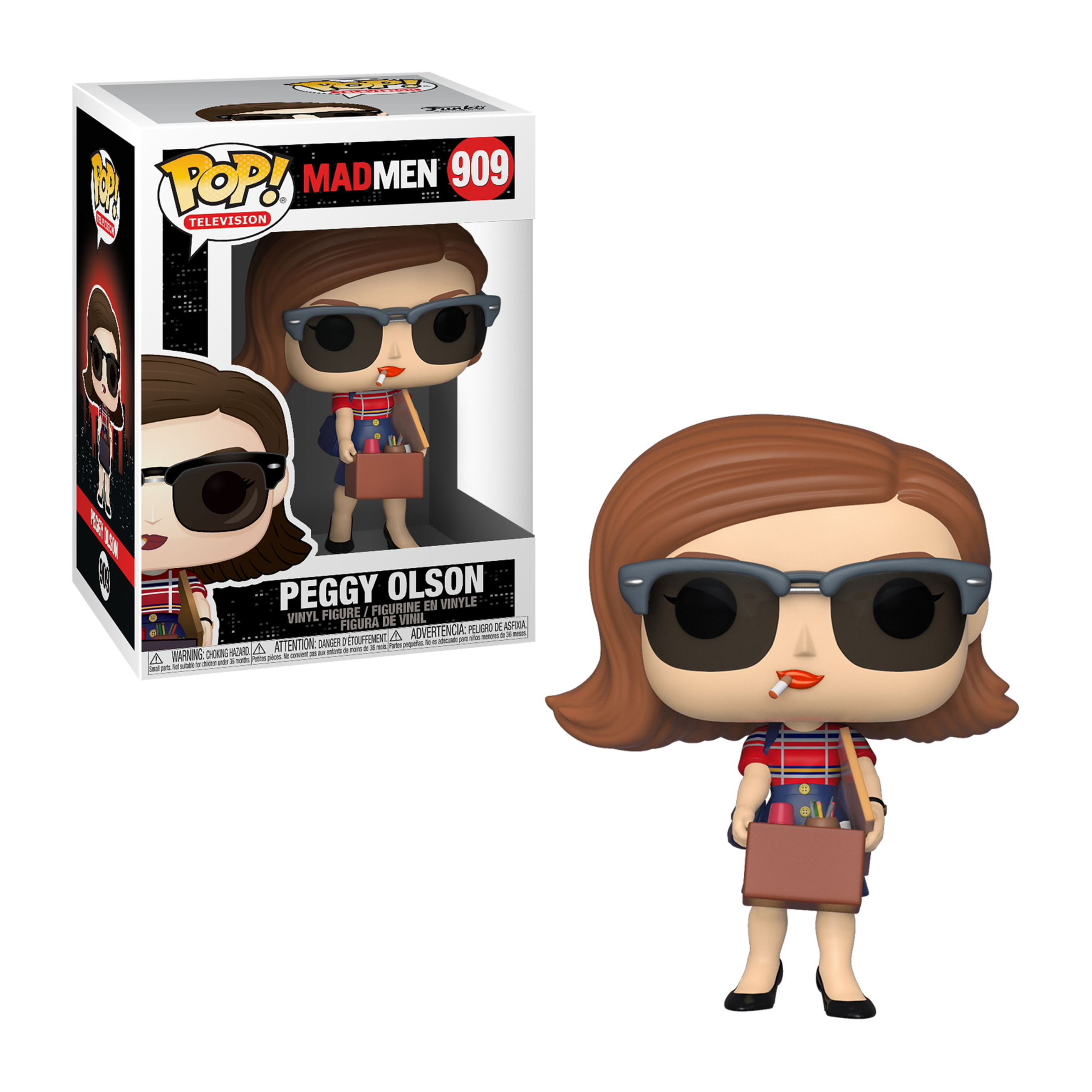 Una figura Funko Pop di Peggy Olson in una scatola con sigaretta e valigetta.