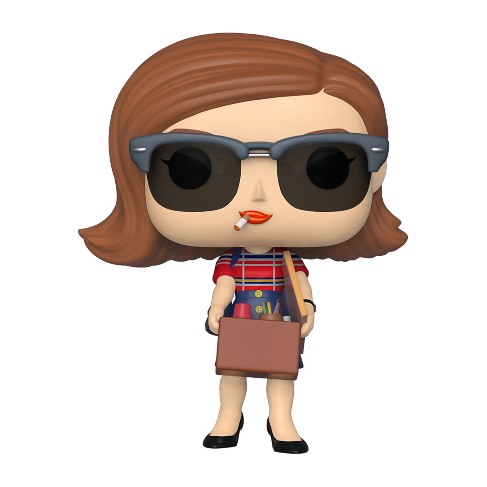 Figura Funko Pop di una donna con occhiali da sole, camicia rossa e gonna, con una ventiquattrore.