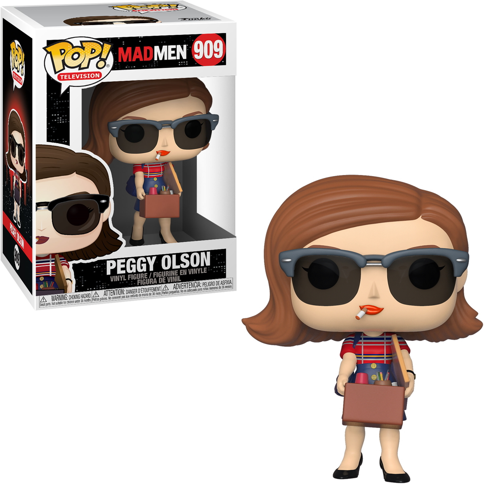 Peggy Olson Funko Pop. Capelli castani, occhiali da sole, camicetta rossa, gonna blu, tiene una valigetta marrone. Scatola dietro.