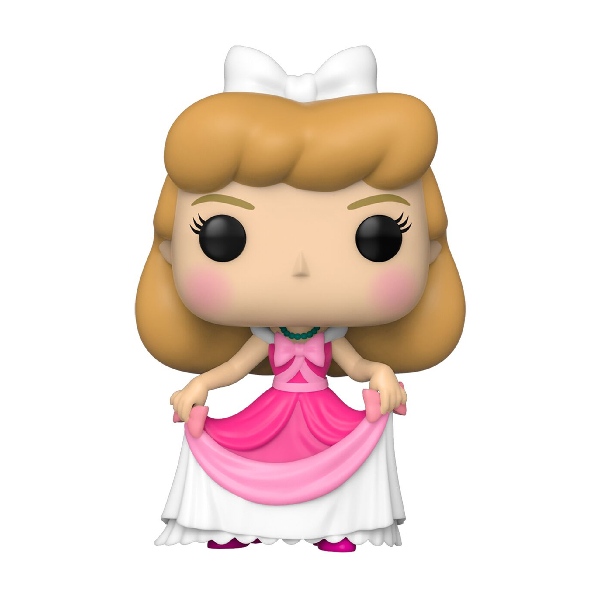 Figurka Kopciuszka w różowej sukience, trzymająca swoją sukienkę, z białą kokardą we włosach.