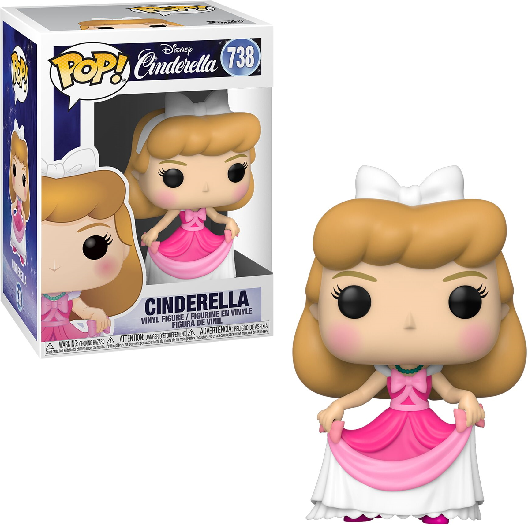 Figurka Pop Kopciuszka w różowej sukni, białej spódnicy i pudełku.