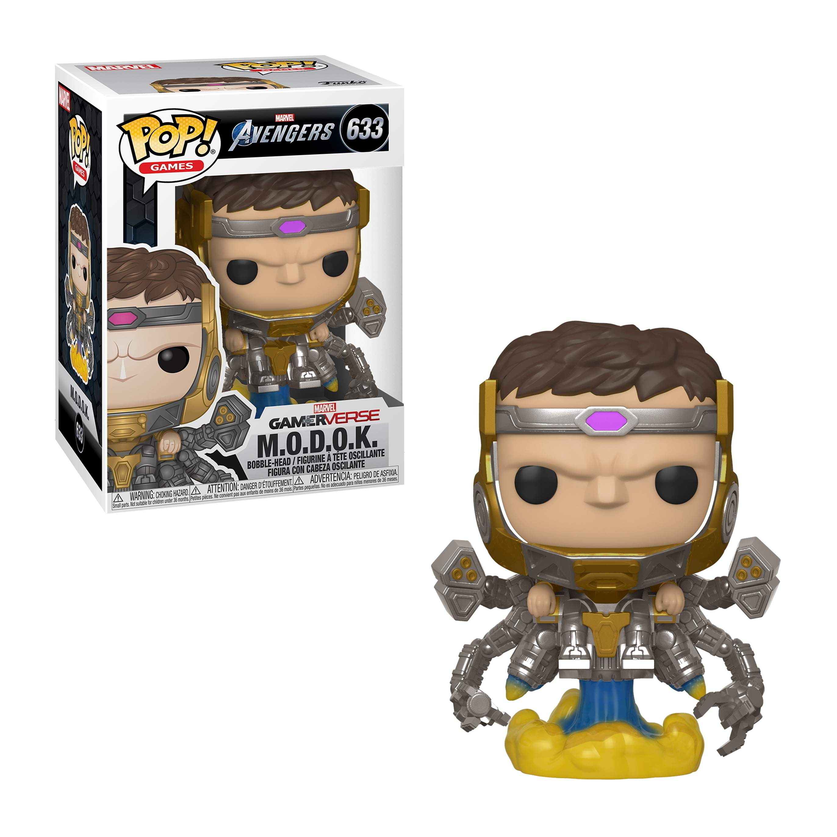 Figurka M.O.D.O.K. z roboticznymi ramionami, na podstawie. Figurka w pudełku.