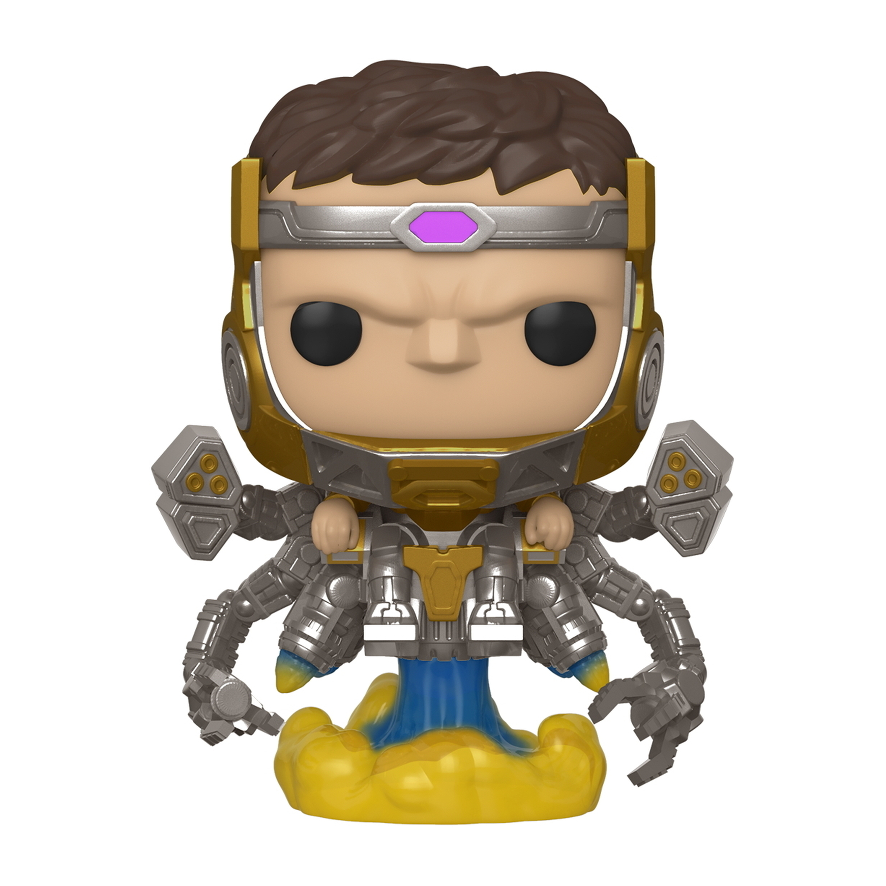 Figurka Funko Pop przedstawiająca mężczyznę z robotycznymi ramionami, w złotym hełmie.