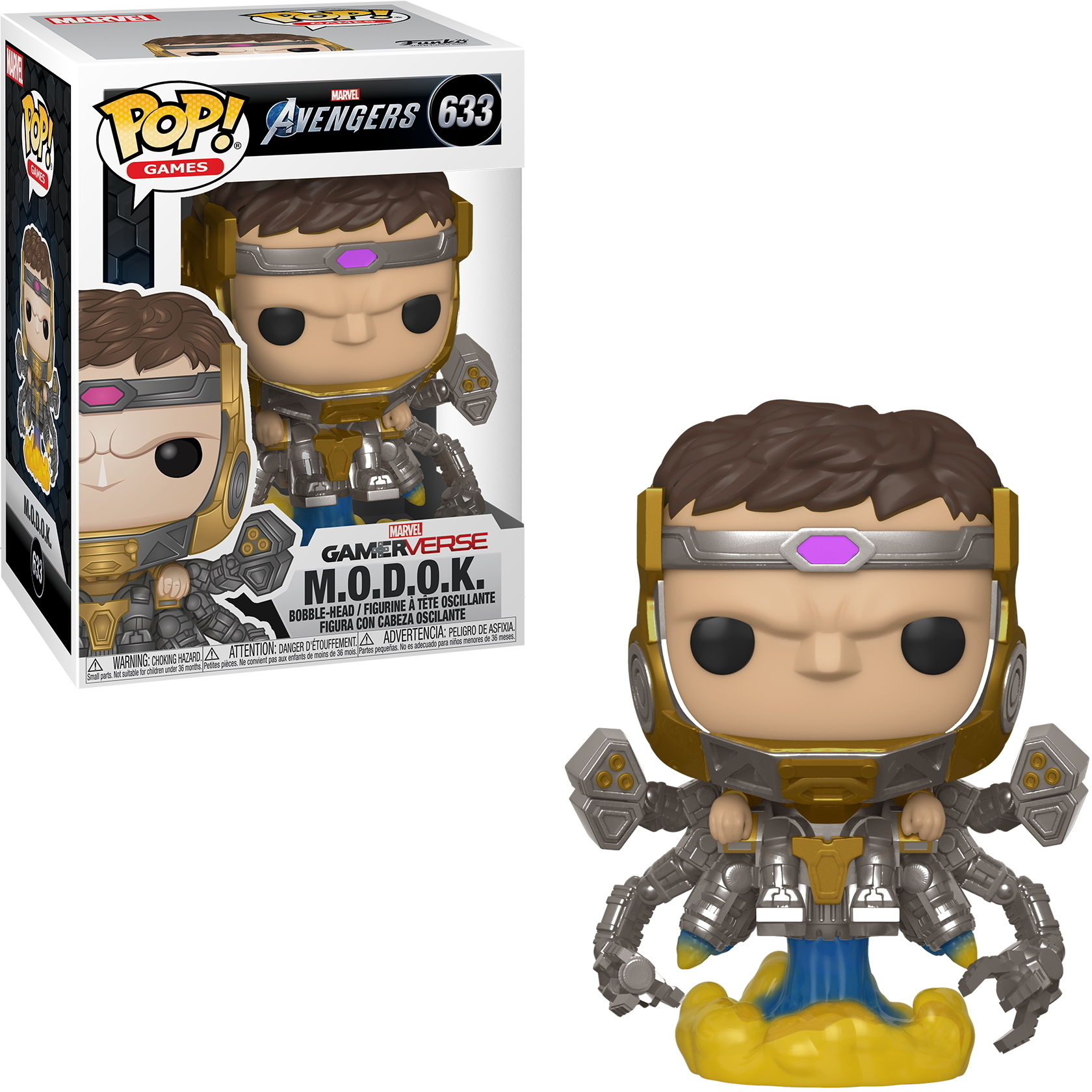 Figurka Funko Pop M.O.D.O.K. Złoty hełm, mechaniczne ramiona, pływająca podstawa. W pudełku, z gier Avengers.