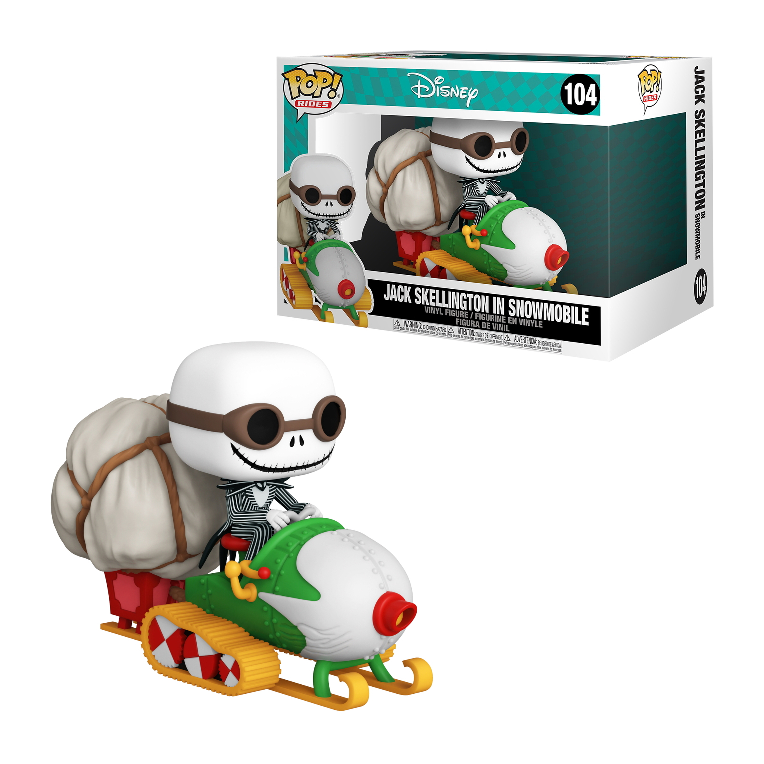 Funko Pop de Jack Skellington en una moto de nieve. Cabeza blanca, ojos negros, traje a rayas. Caja.