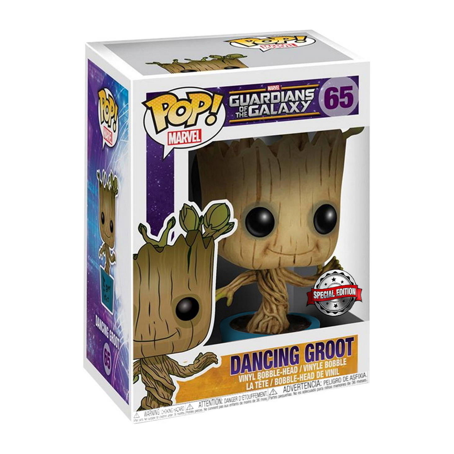 Tanzender Groot Funko Pop in einer Box. Er ist braun mit einem blauen Topf, und die Box hat einen Special Edition Aufkleber.