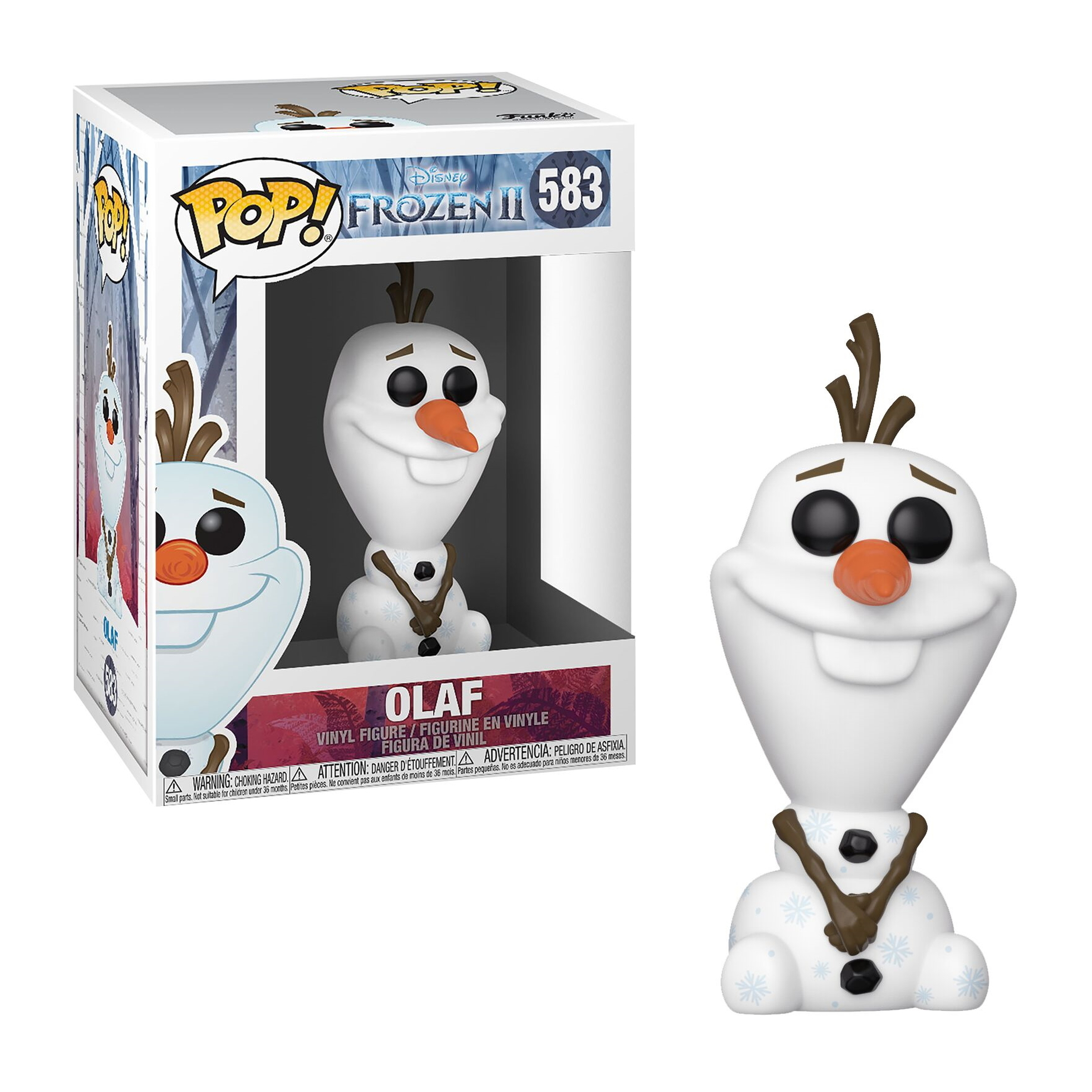 Figurka Funko Pop Olafa, bałwana z marchewkowym nosem, w pudełku.