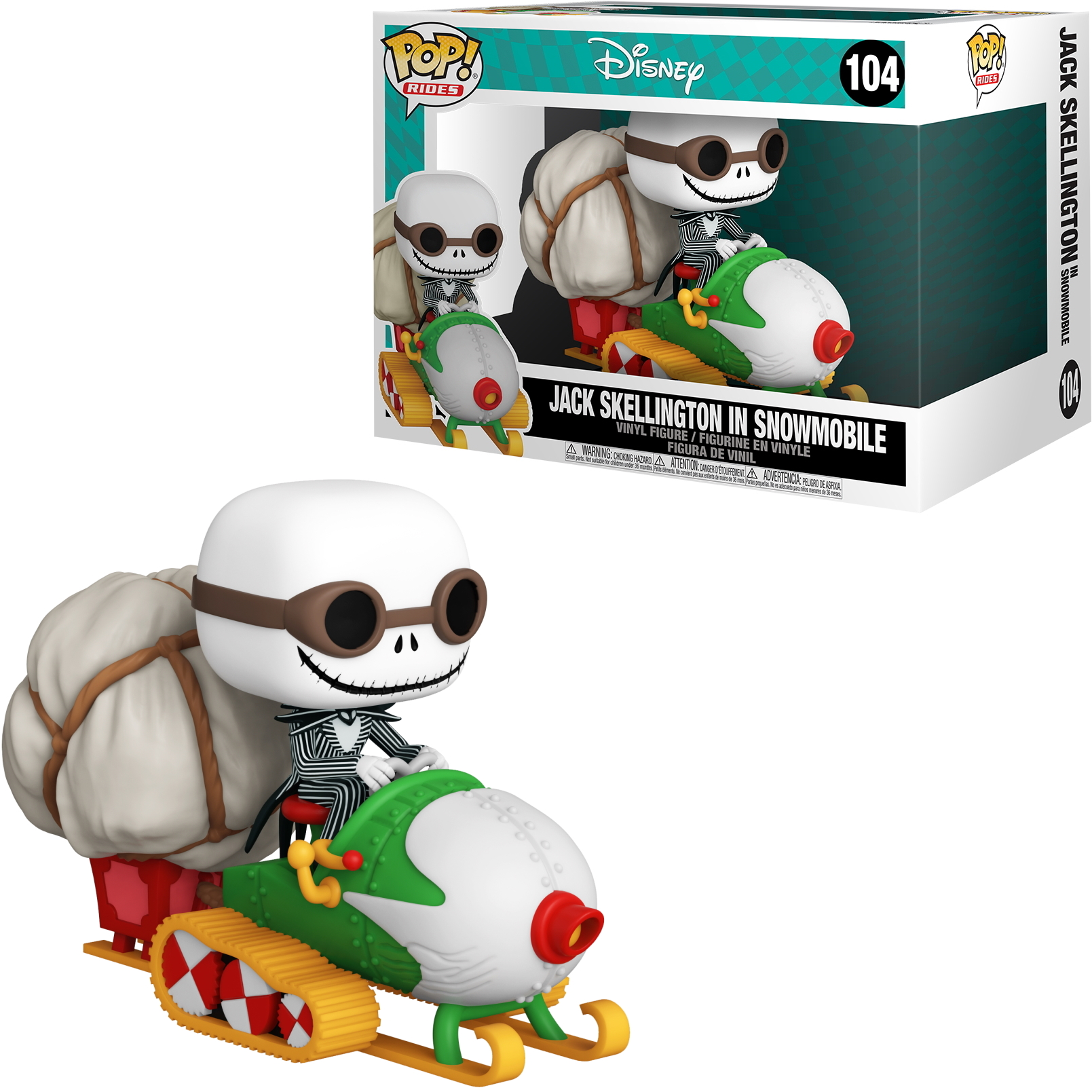 Figura de Jack Skellington en motonieve Funko Pop. Lleva gafas y un traje a rayas.