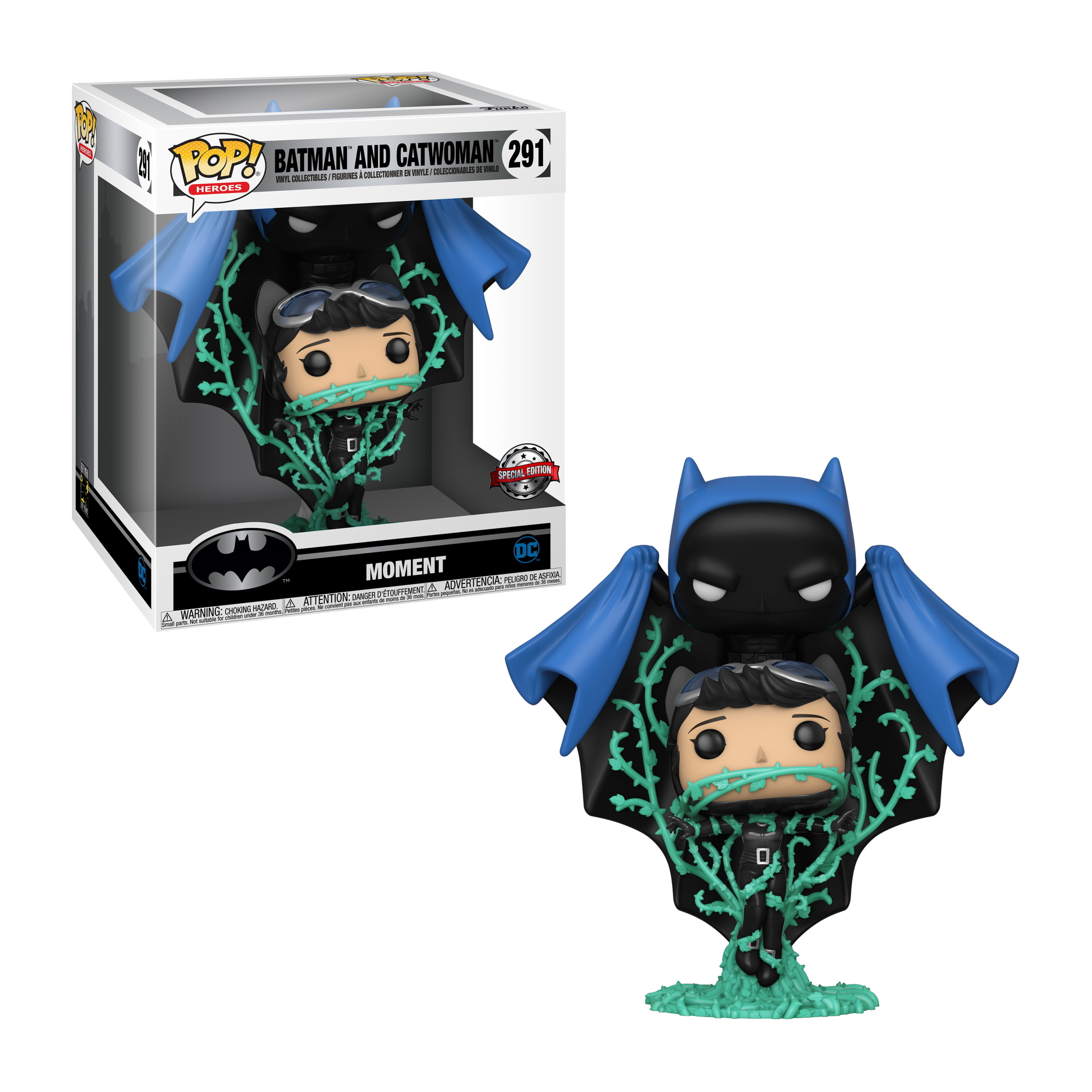 Batman und Catwoman Figur. Catwoman ist in Ranken gewickelt. Box mit den Figuren. Blauer Umhang.