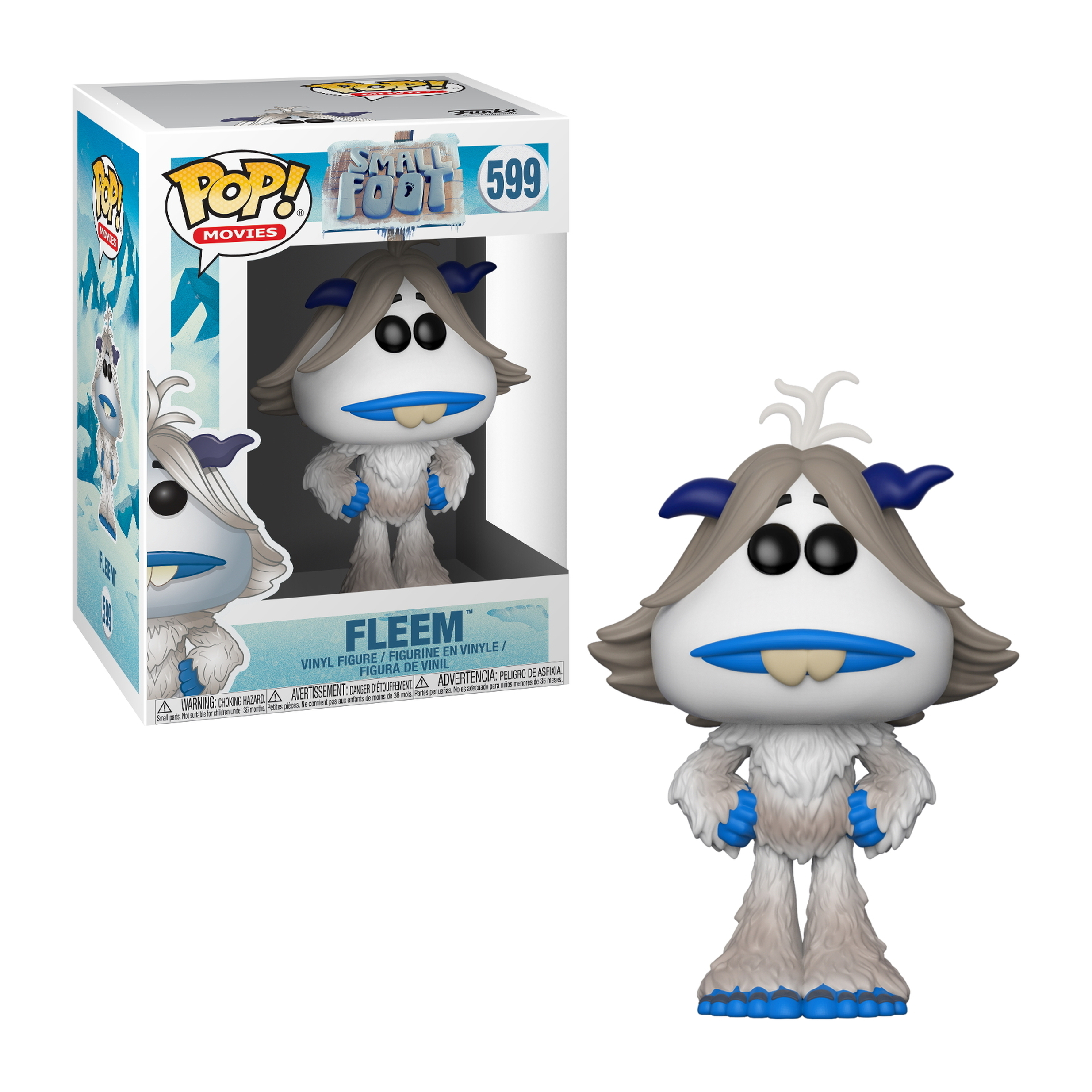Figura di Fleem, simile allo yeti, accenti blu, pelliccia bianca, capelli grigi, labbra blu, in piedi, sfondo scatola.