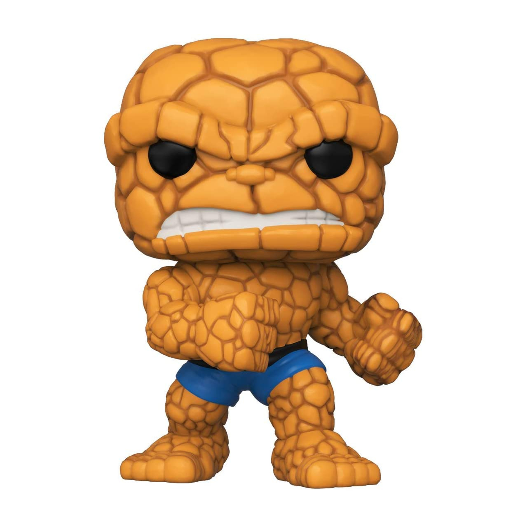 Statuetta arancione di Thing con pantaloncini blu, pugni chiusi ed espressione arrabbiata.