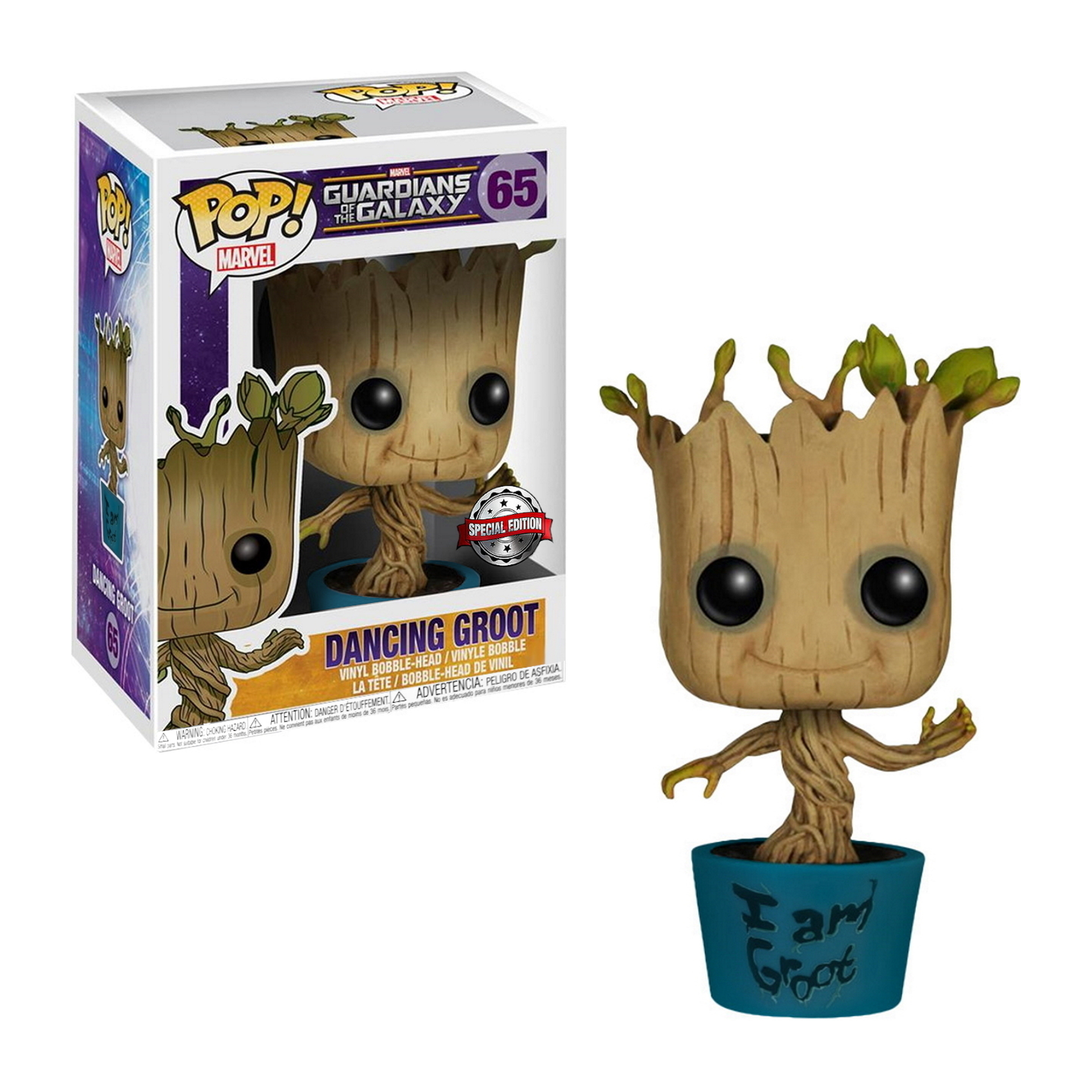Groot Dancing Funko Pop mit blauem Topf und den Worten 'I am Groot'.