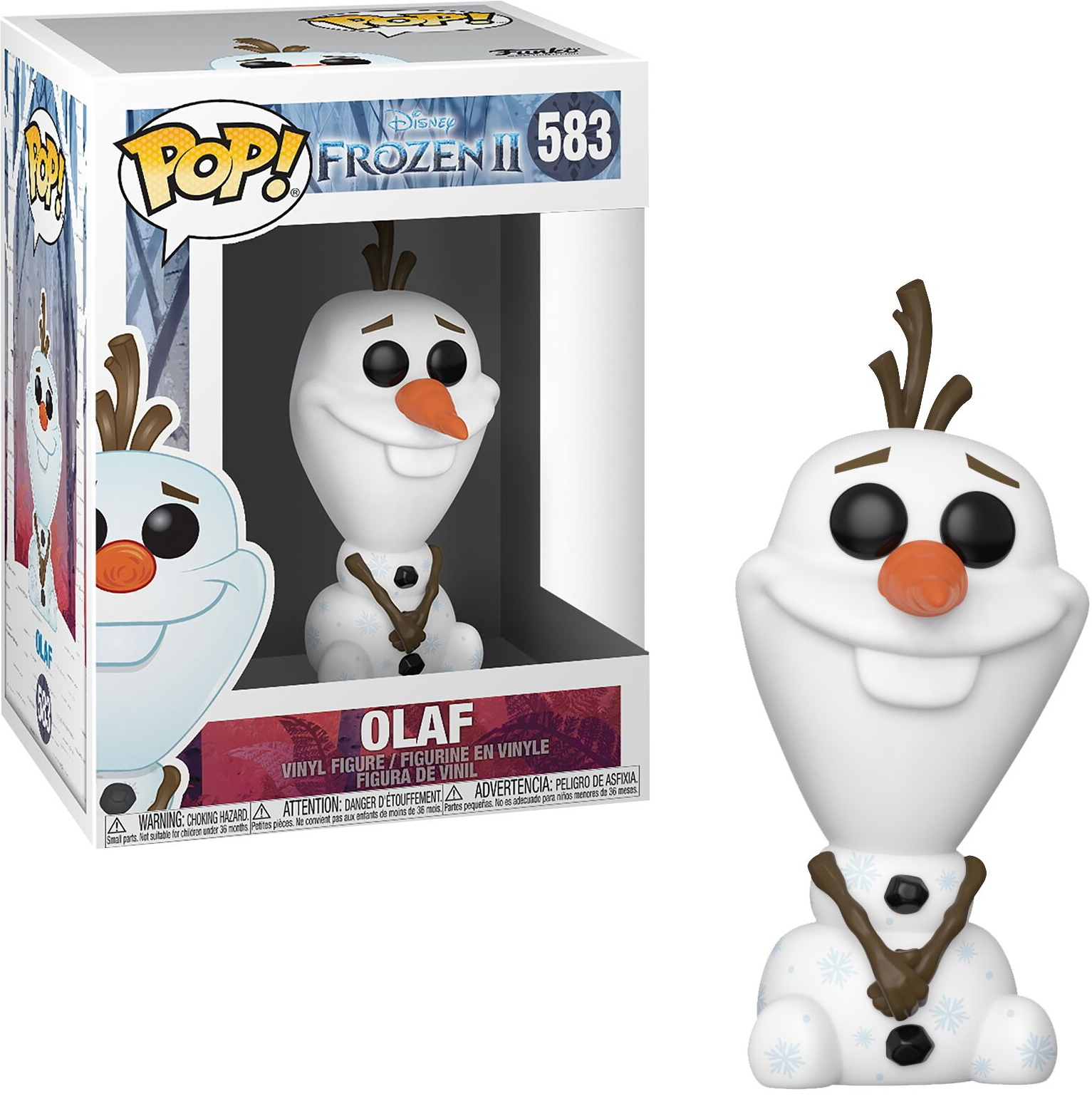 Figurka Olafa. Jest białym bałwanem z brązowymi gałązkami i włosami. Ma nos z marchewki i czarne oczy.