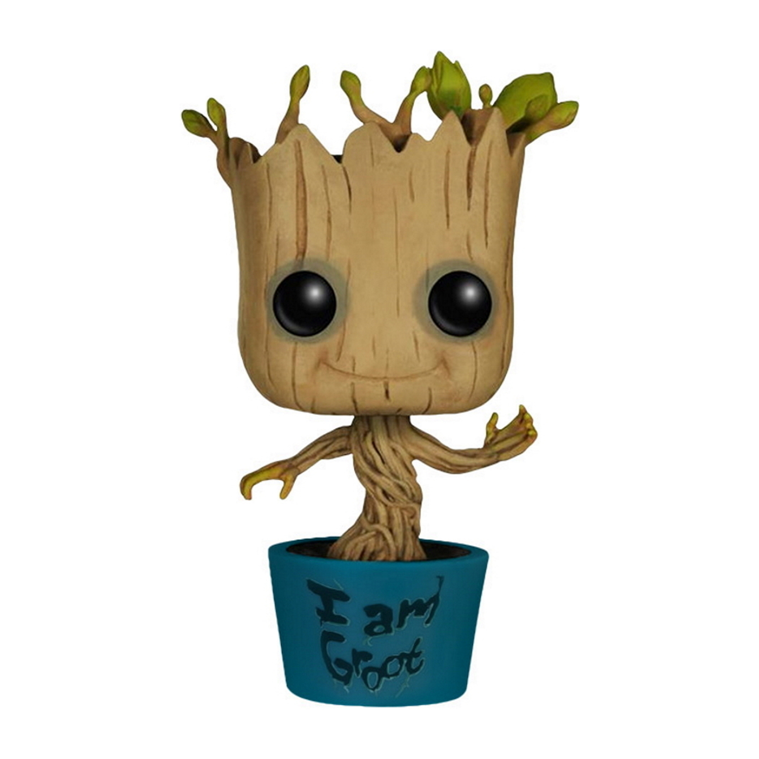 Groot-Figur in einem Topf. Brauner Körper, grüne Blätter und ein blauer Topf mit dem Text 'I am Groot'.