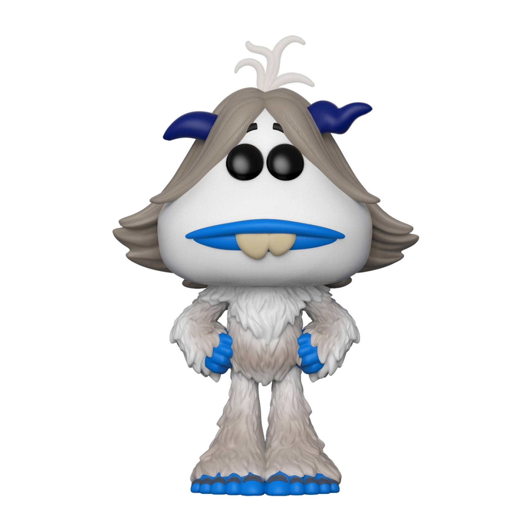 Una figura Funko Pop di una creatura simile a un troll con pelliccia grigia, corna e labbra blu. Ha un viso bianco.
