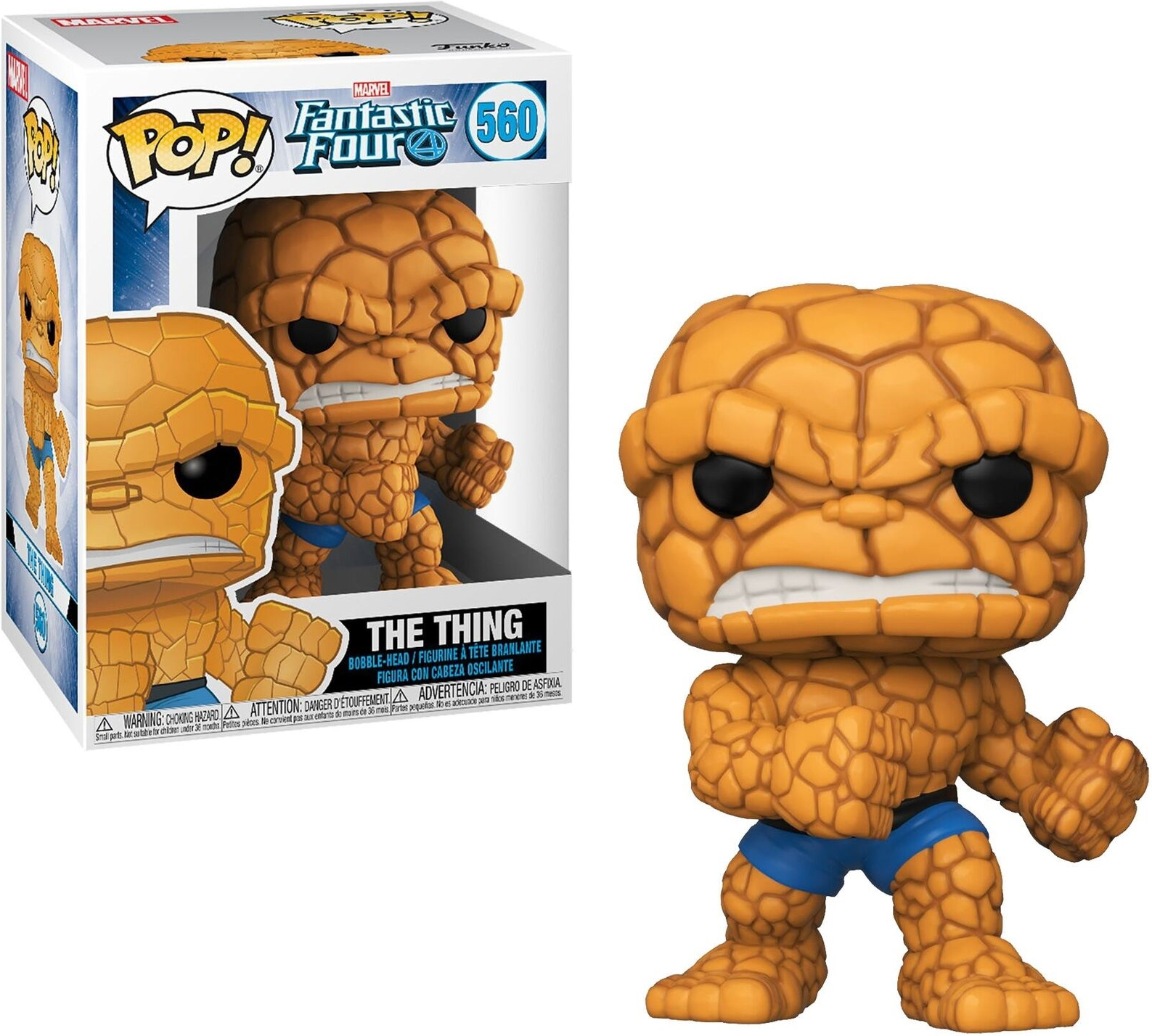 La statuetta Funko Pop di The Thing. Figura arancione simile a roccia con pantaloncini blu. Scatola sullo sfondo.