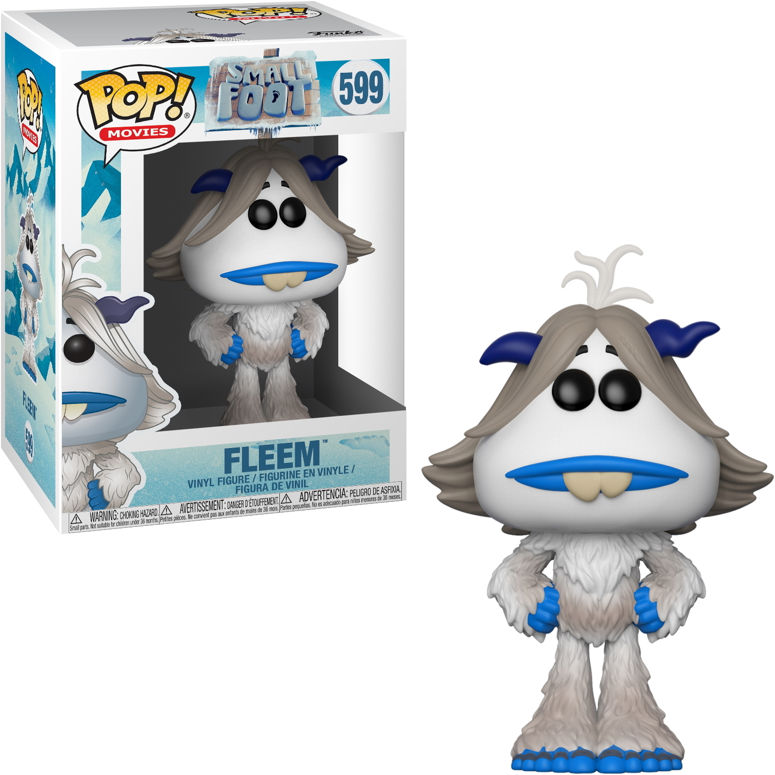 Funko Pop di Fleeem da Smallfoot, uno yeti bianco con dettagli blu, in piedi vicino a una scatola.