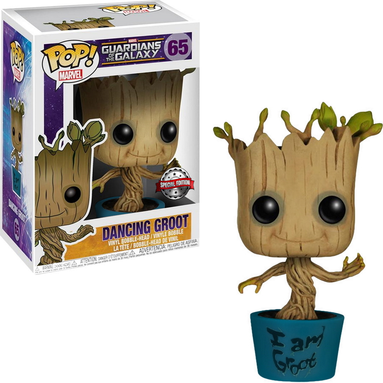 Groot Funko Pop Figur, mit Box, eine tanzende Groot Figur und einen Topf.