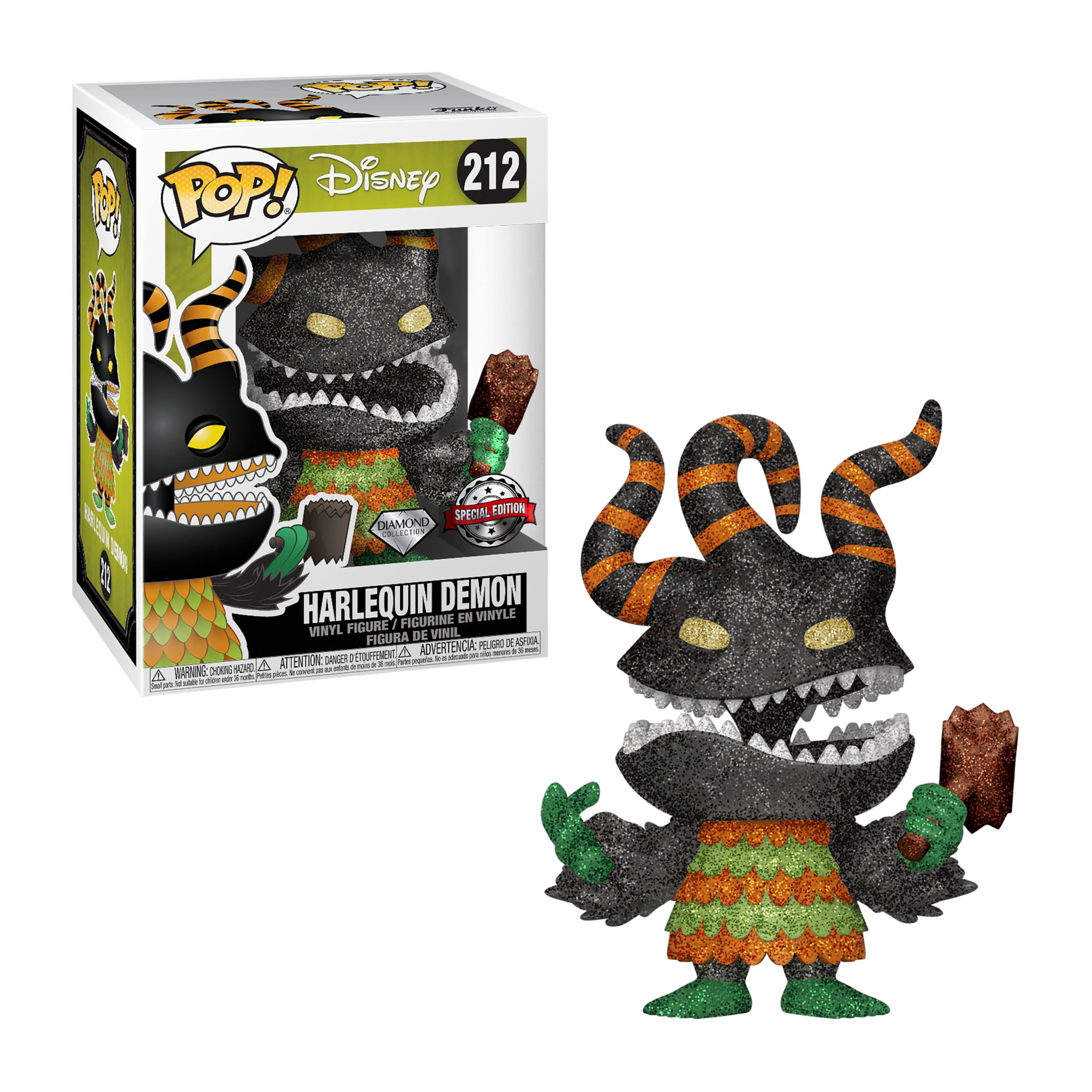 Harlekin-Dämon Funko Pop Figur mit Hörnern, braunes Paket haltend, in einer Box.