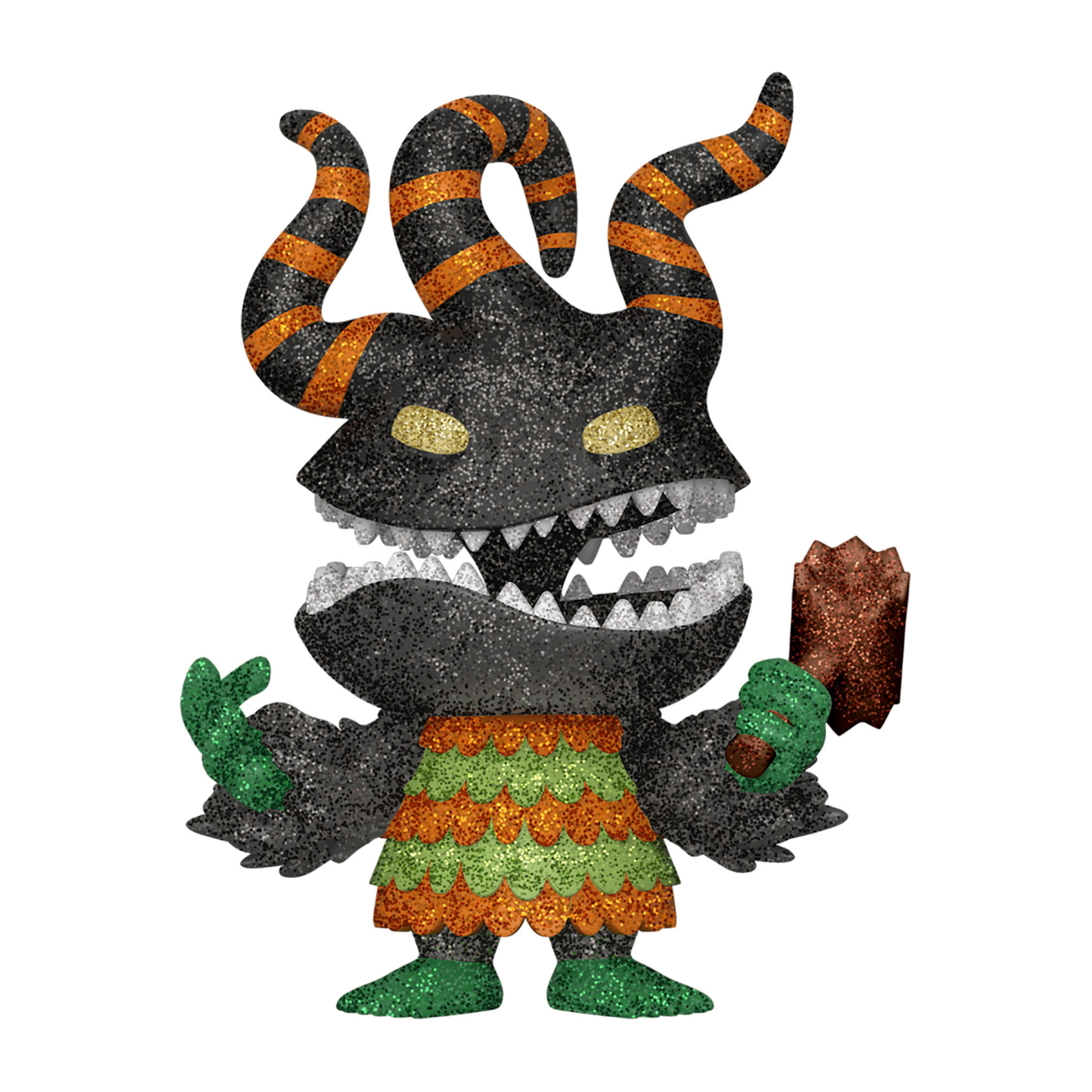Eine Nightmare Before Christmas Figur, mit schwarzem Körper, orangefarbenen und grünen Details.