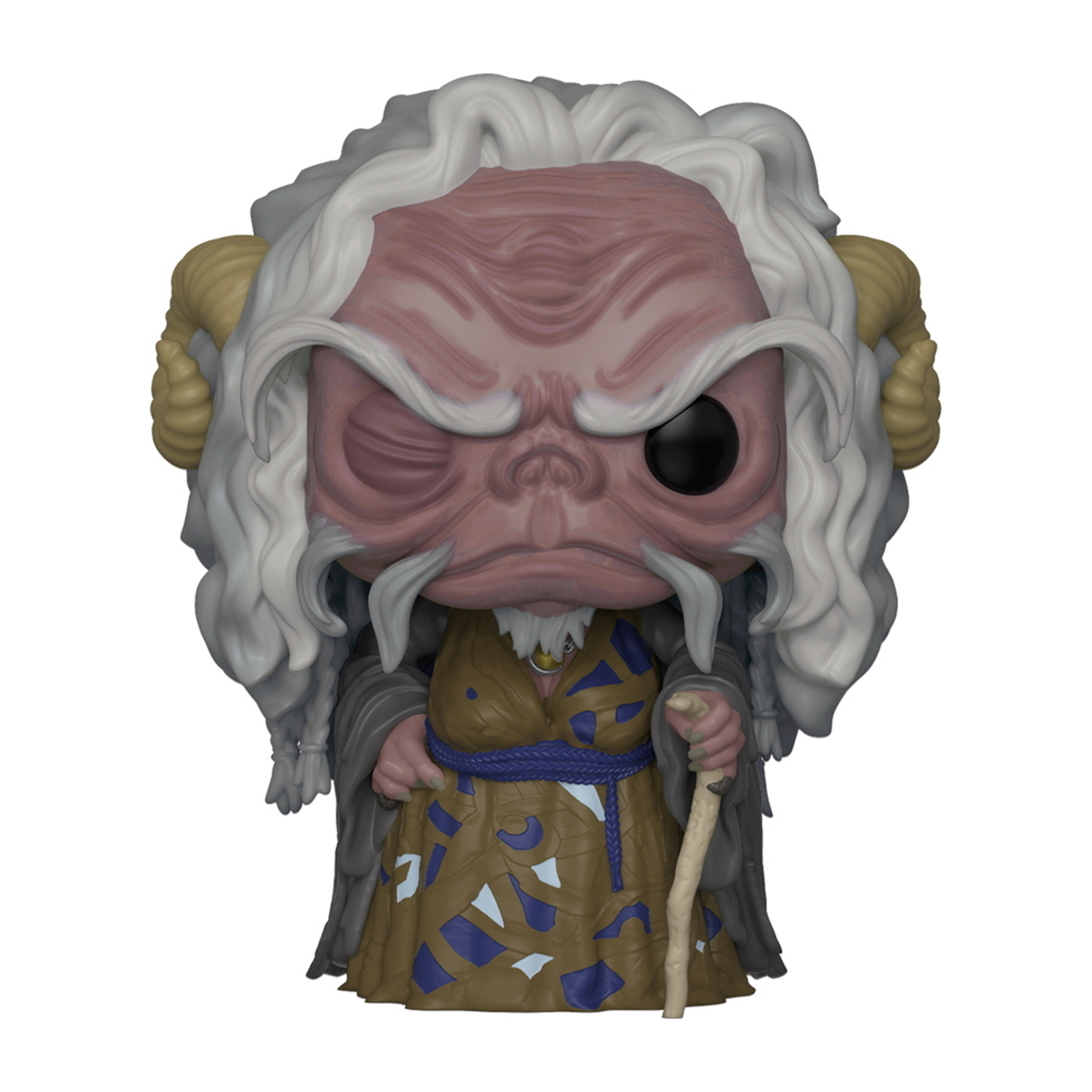 Funko Pop Figur eines faltigen alten Mannes mit Hörnern und einem Stab. Weißes Haar, trägt einen gemusterten Robe.
