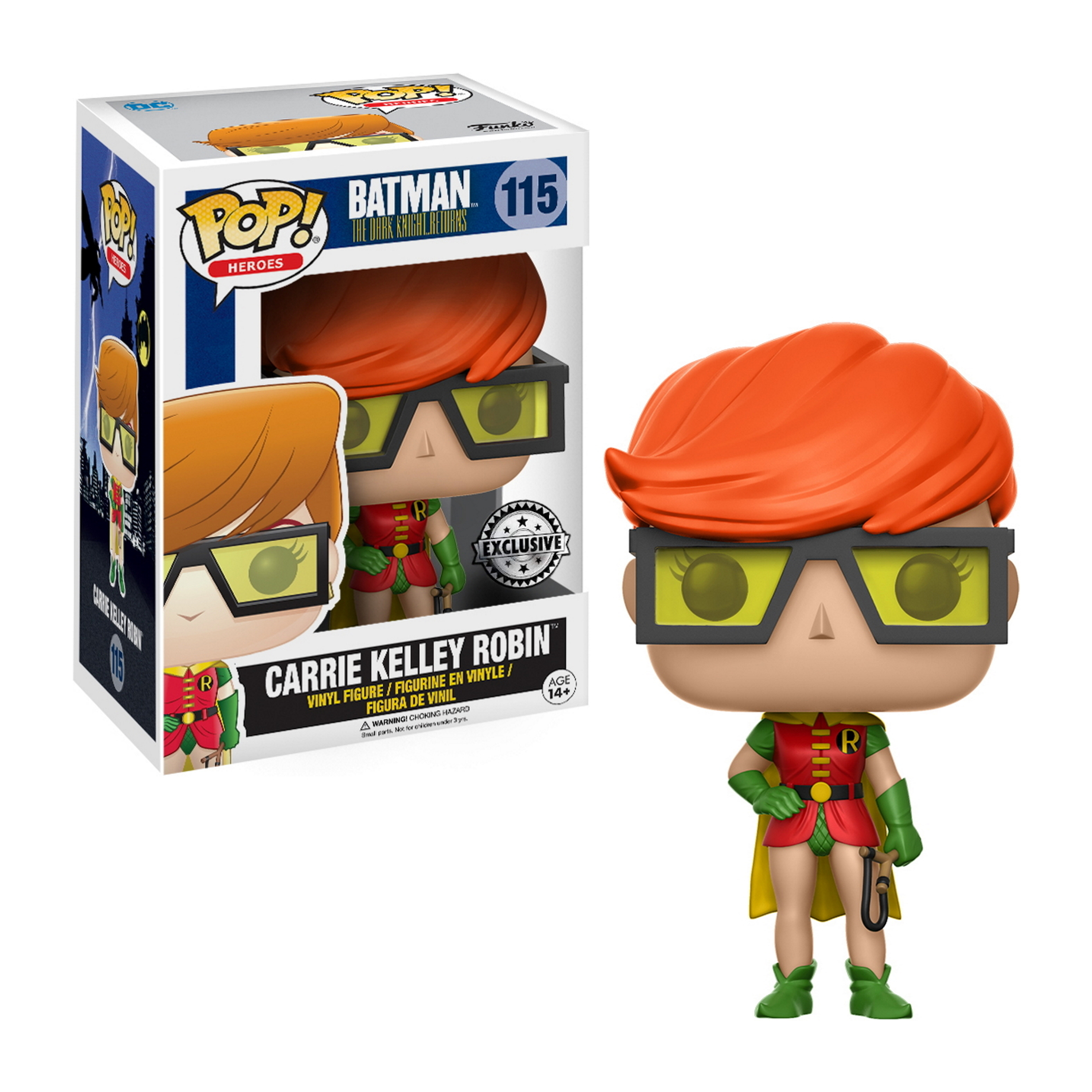 Carrie Kelley Robin Figur mit orangenen Haaren, trägt Robin-Kostüm und Brille.