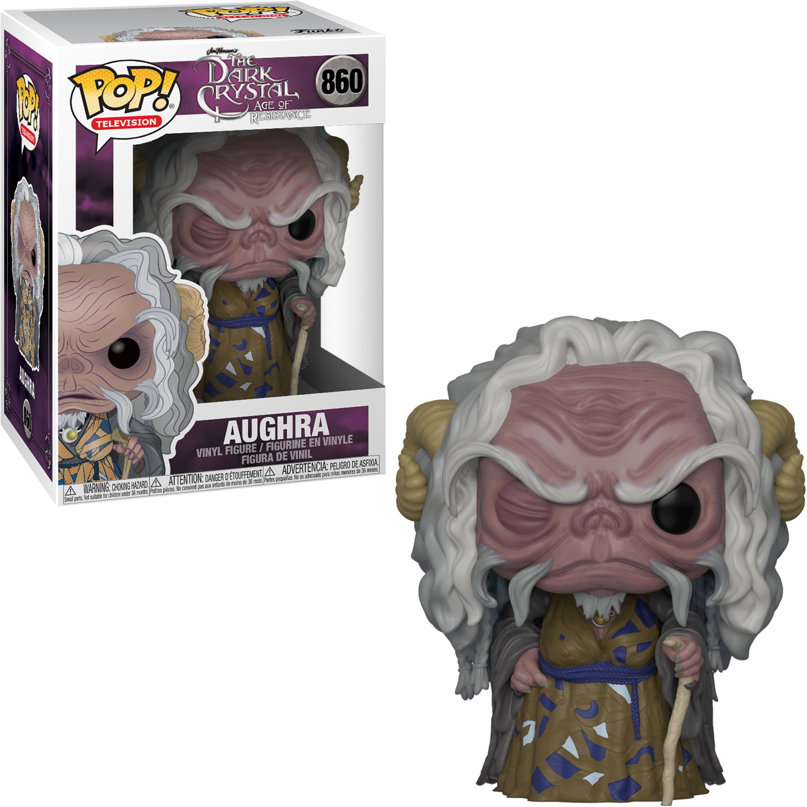 Aughra Funko Pop Figur in einer Robe, mit einem Stab, mit einer Box mit der Figur.