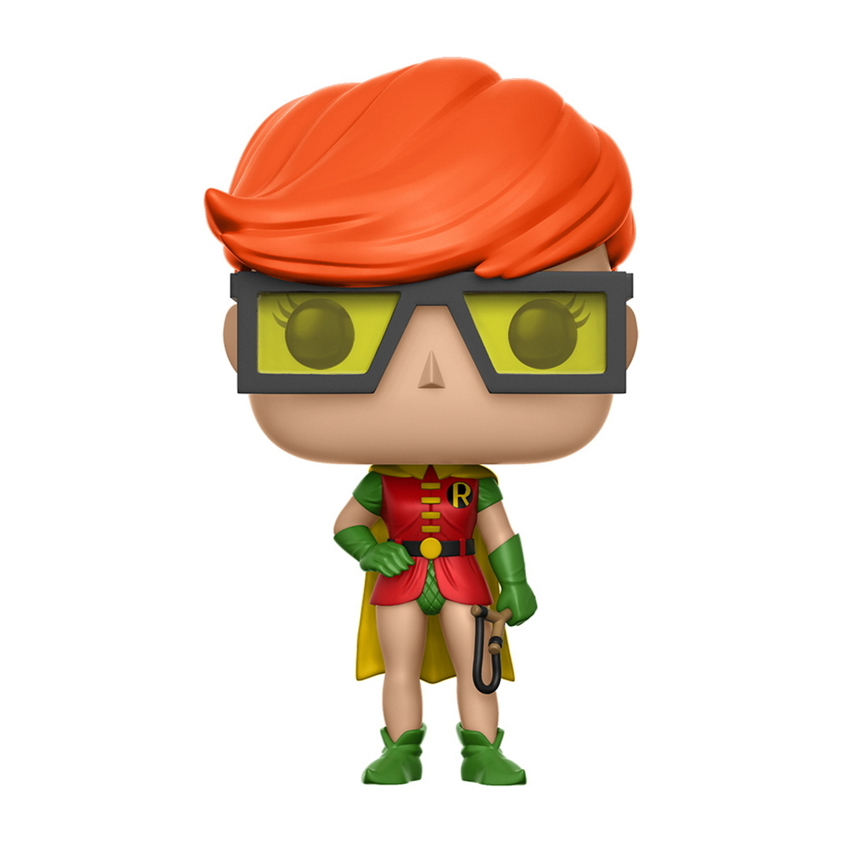 Robin Pop-Figur mit oranger Perücke, Brille und Outfit, hält eine Peitsche.