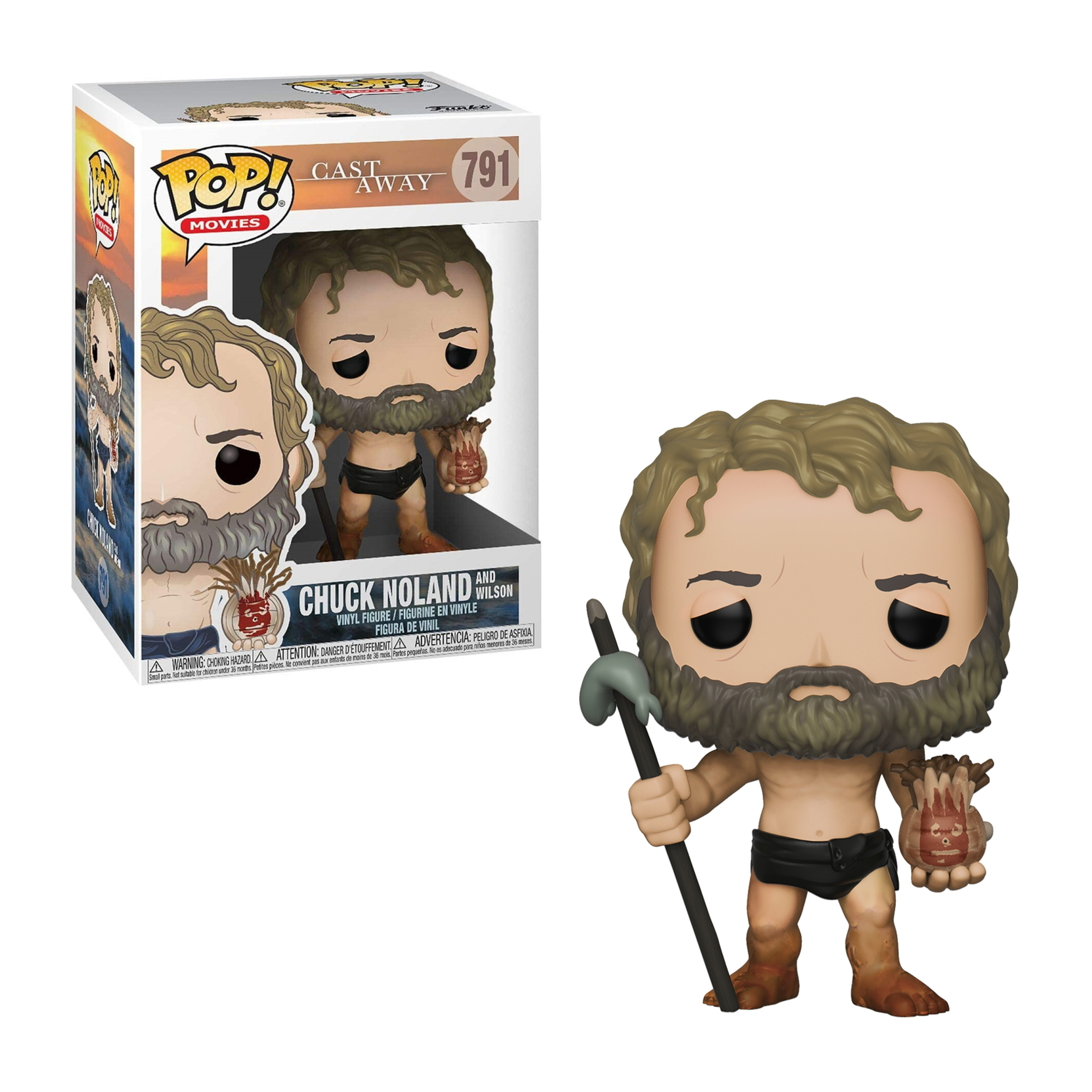 Eine Funko Pop Figur von Chuck Noland aus Cast Away, mit Bart, hält einen Stock und ein Paket.