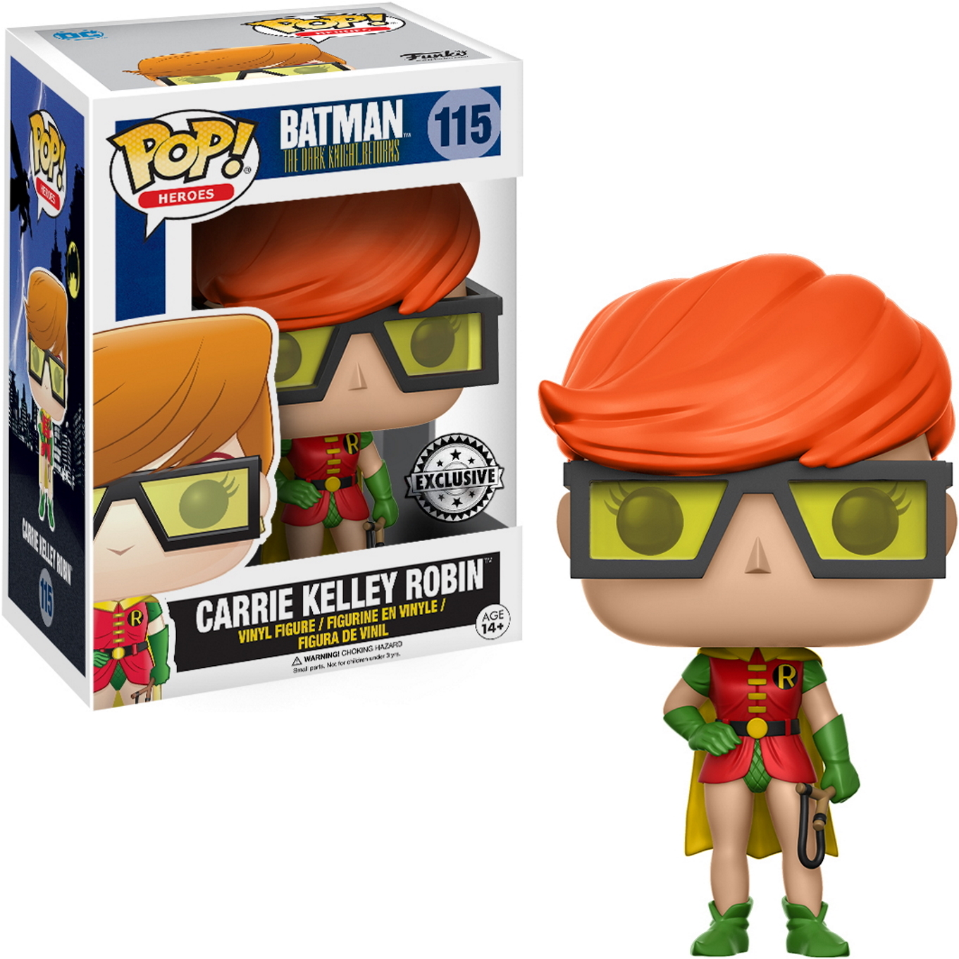 Funko Pop Figur von Carrie Kelley Robin. Sie hat orangefarbene Haare und eine gelbe Brille.