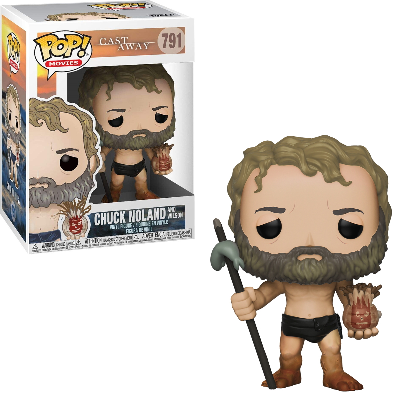 Cast Away Funko Pop Figur von Chuck Noland mit Bart und einem Sack.