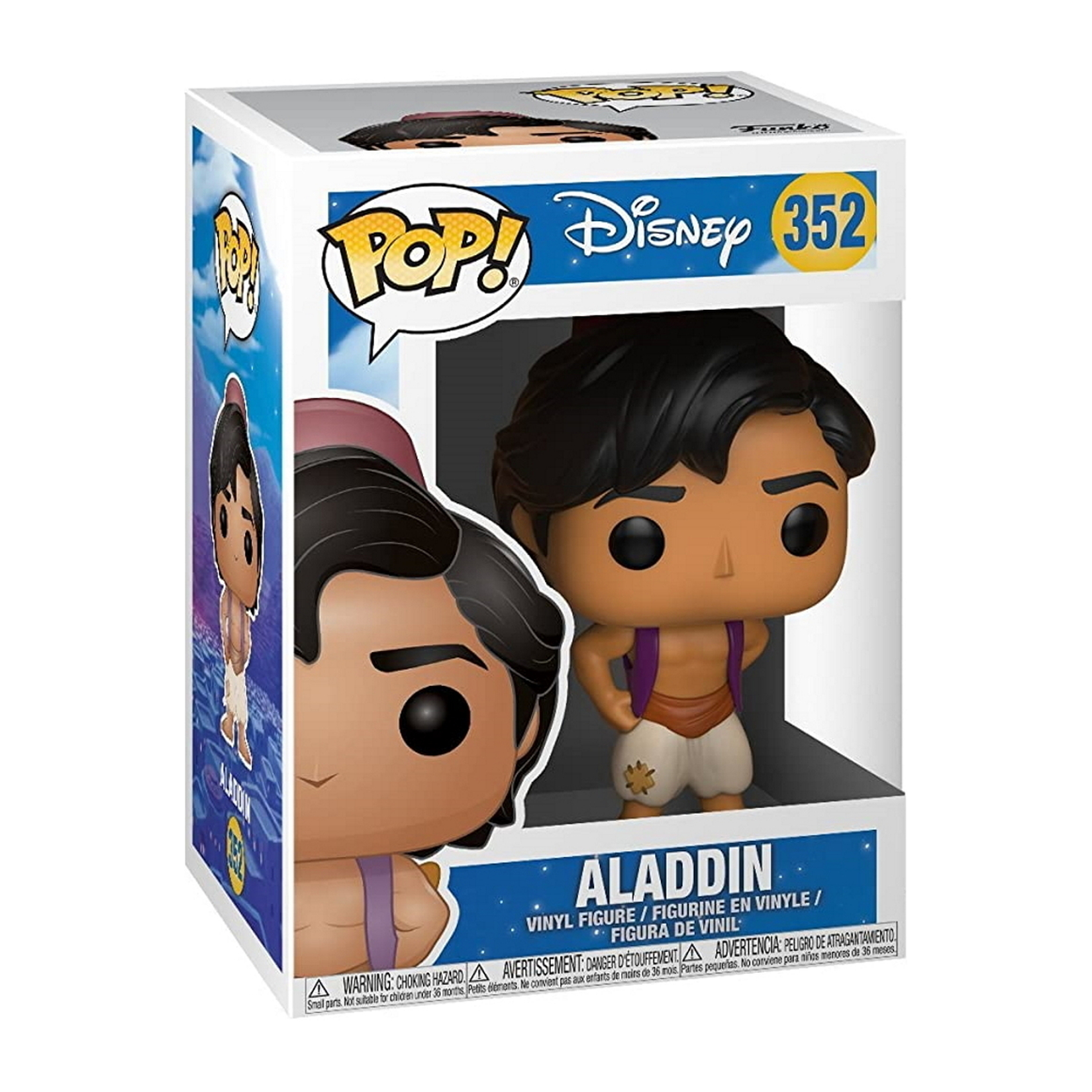 Figura de Aladdin en caja. Figura morena con chaleco y pantalón. Caja blanca con imagen similar.