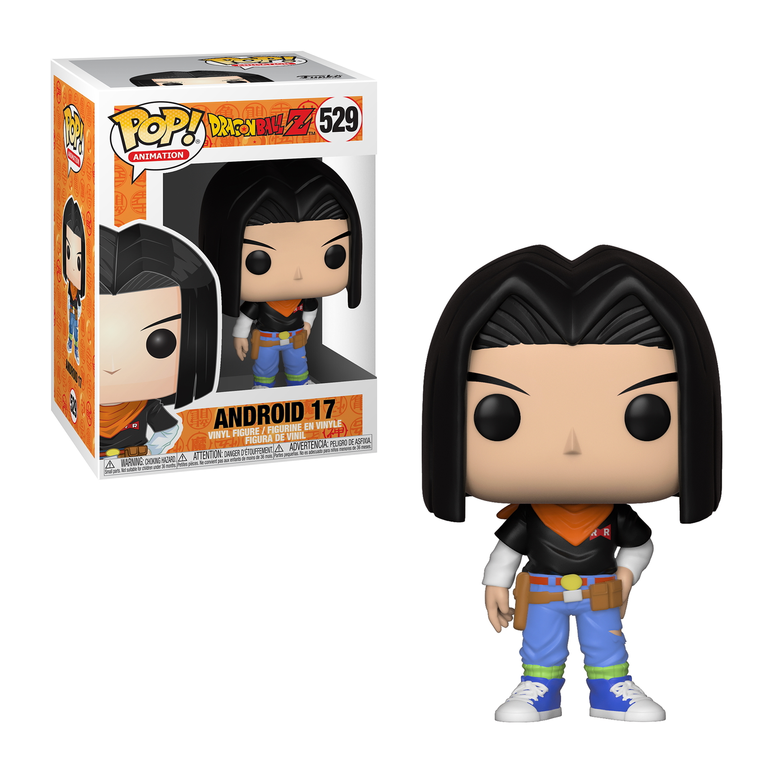 Android 17 Funko Pop Figur mit schwarzen Haaren, orangefarbenem Schal, blauen Jeans. Eingepackt.