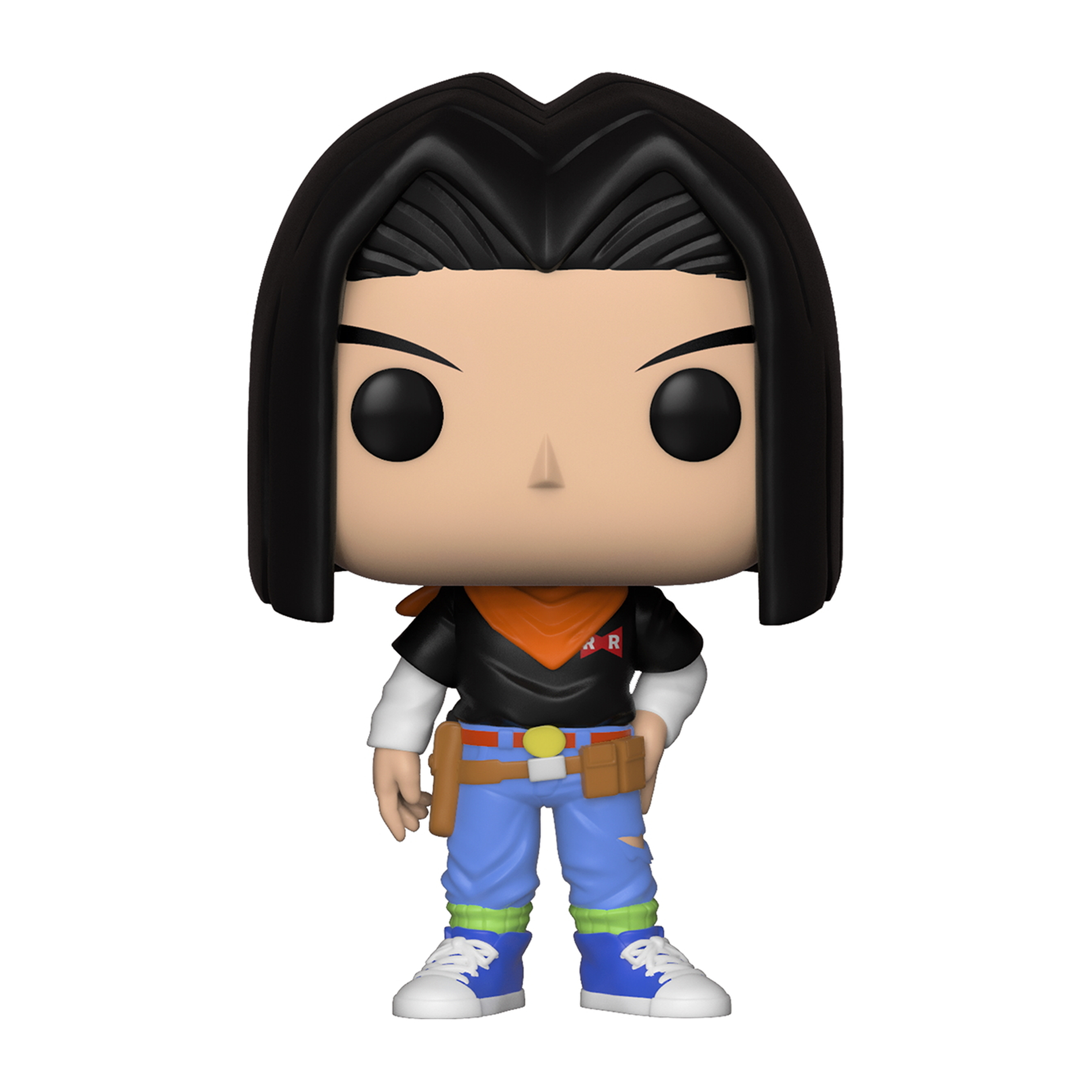 Eine Funko Pop Figur von Android 17 aus Dragon Ball Z, trägt ein schwarz-oranges Outfit, steht aufrecht.