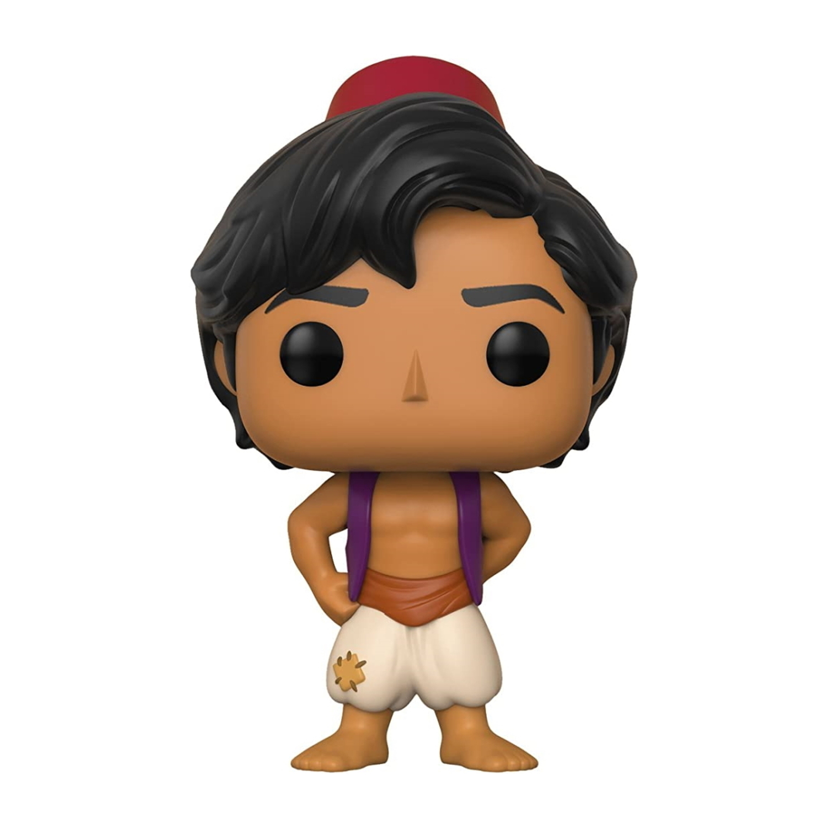 Figura Funko Pop de Aladdin con sombrero rojo, sin camisa, pantalón blanco, piel morena.