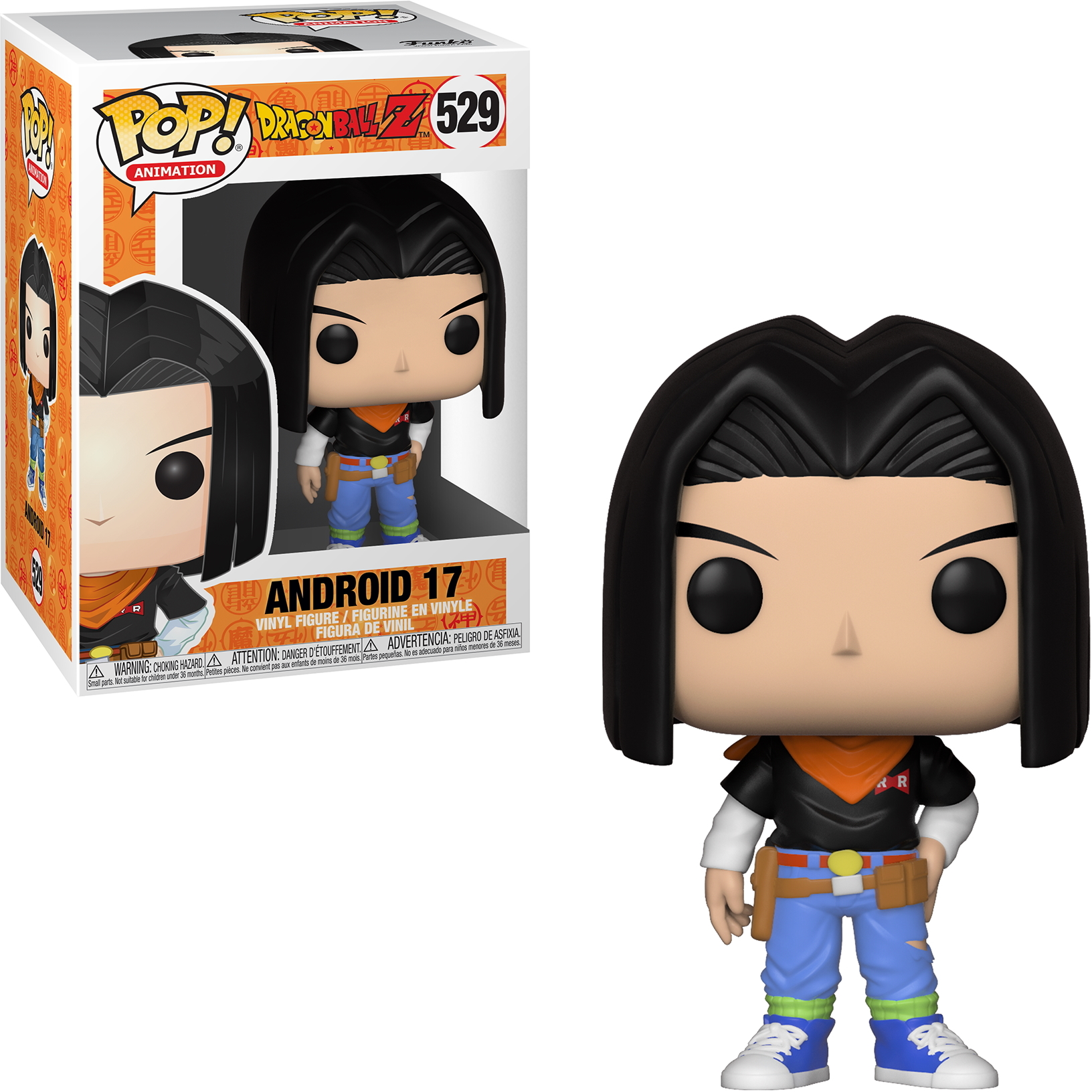 Android 17-Figur mit schwarzen Haaren, orangefarbenem Schal und blauen Jeans. Box enthalten.