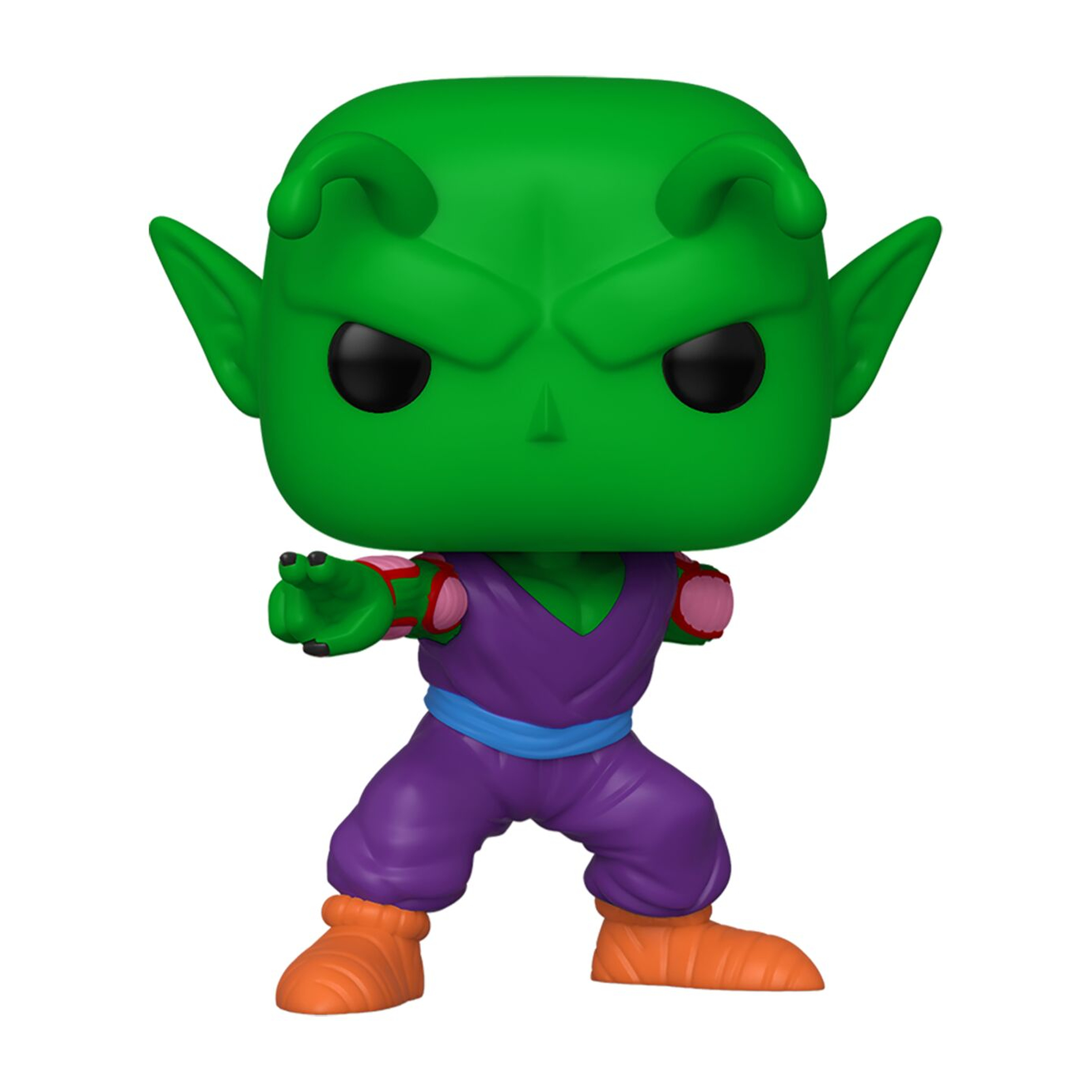 Piccolo Funko Pop Figur. Grüne Haut, lila Outfit, orangefarbene Stiefel und entschlossener Ausdruck. Dragon Ball.